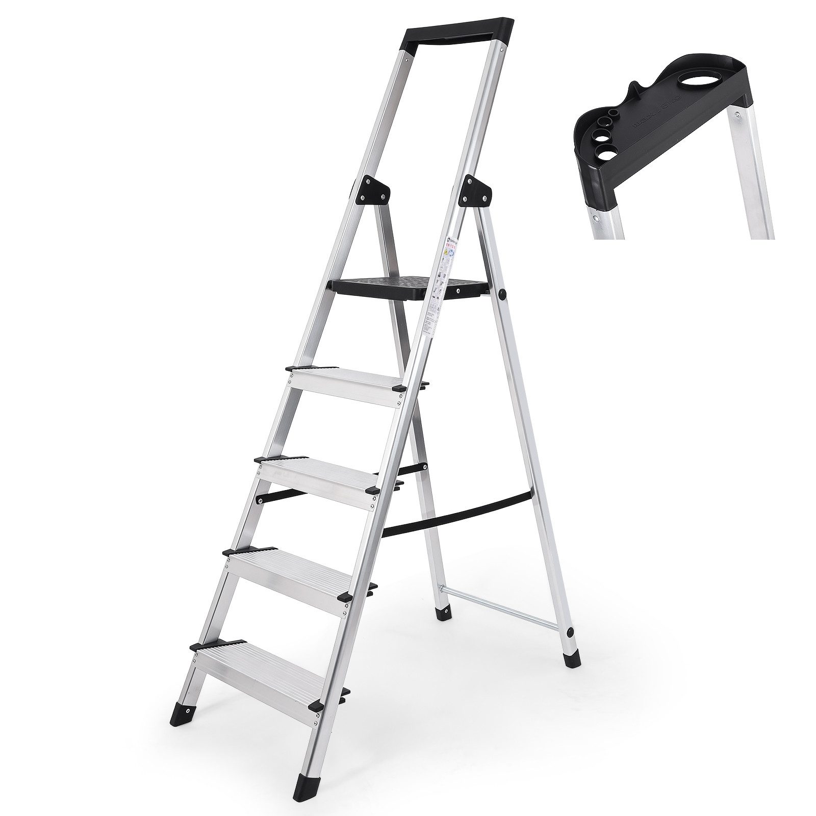 Sekey Trittleiter 4/5 Stufen klappbar, Aluleiter mit 12 cm breiten XXL-Trittstufen, Aluminium Haushaltsleite 5 stufen, mit Werkzeugschale, Klappsicherung