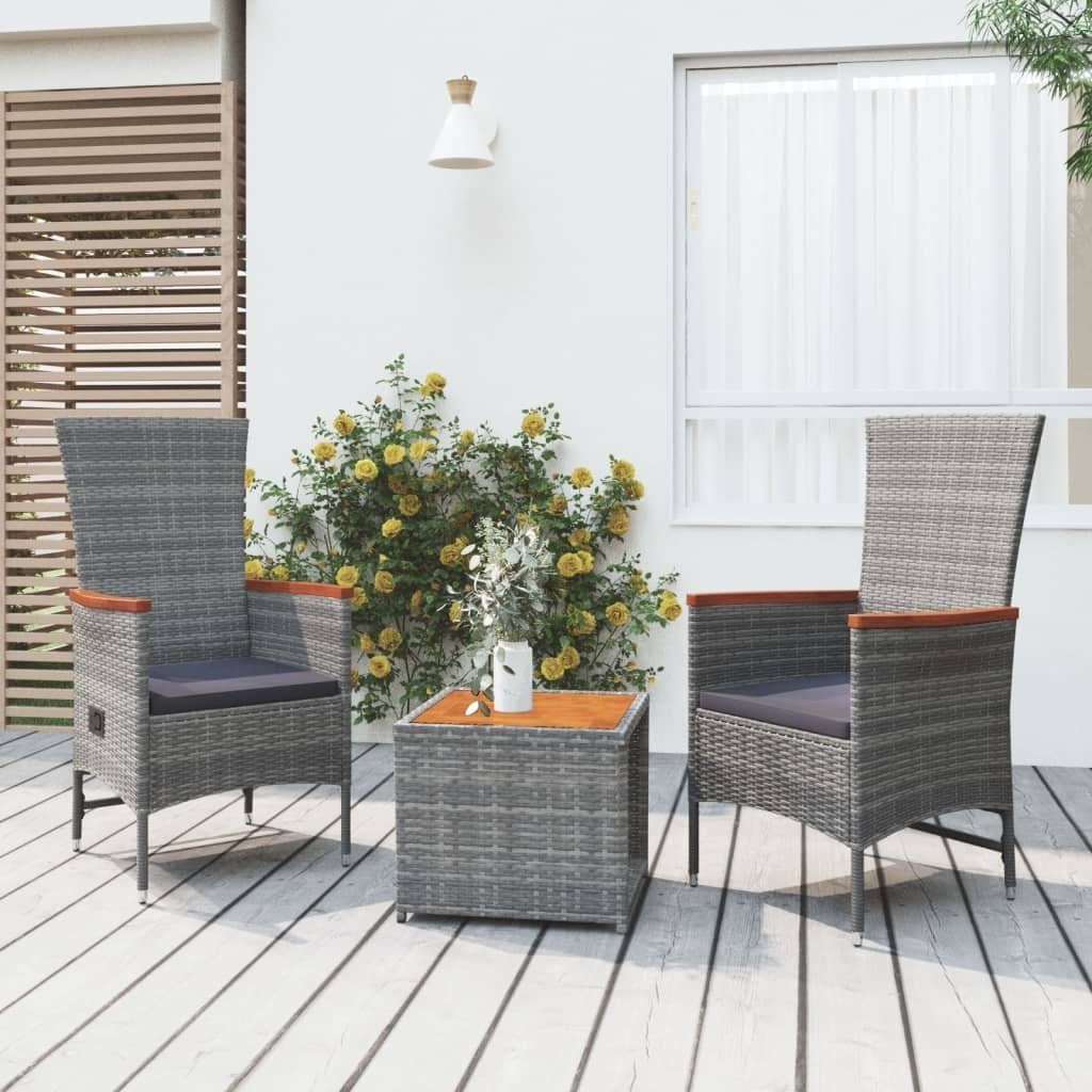 vidaXL Gartenlounge-Set 3-tlg. Garten-Lounge-Set Grau Poly Rattan & Massivholz, (3-tlg)