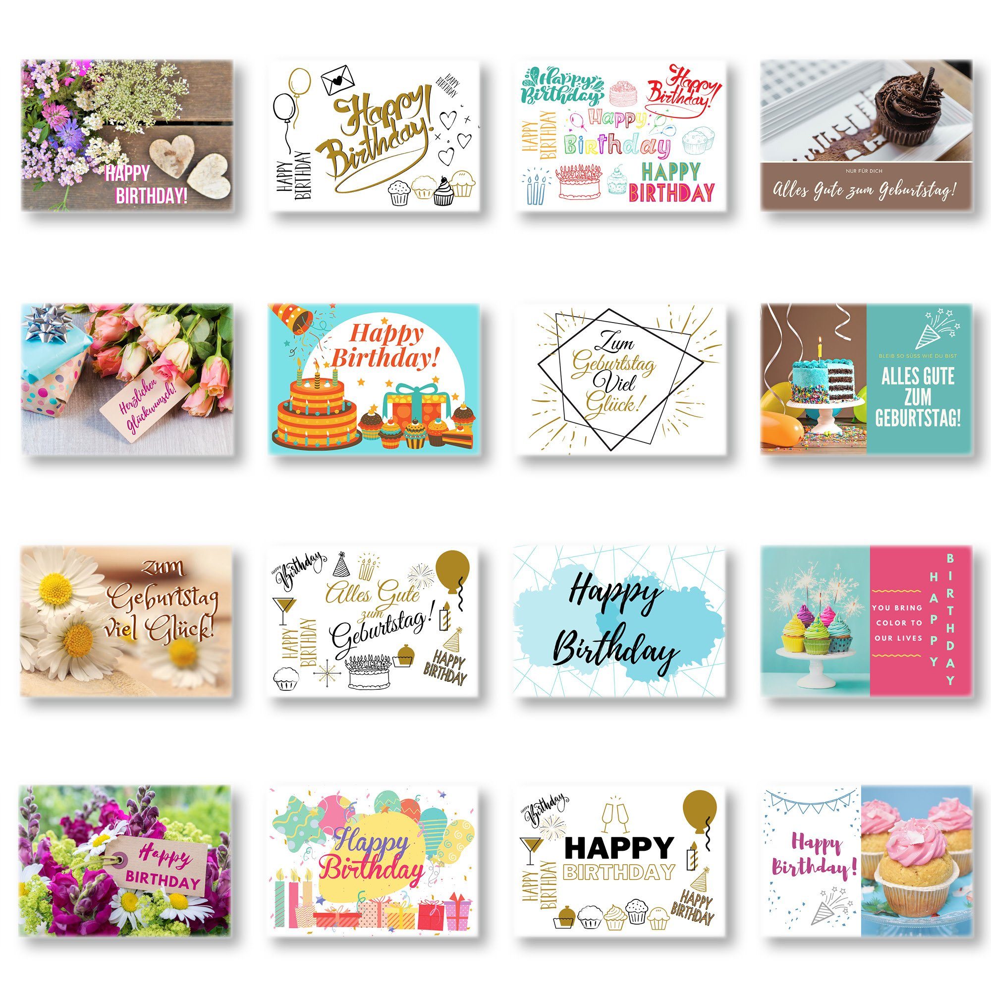 Domelo Geburtstagskarte 16er Set Geburtstagskarten mit Umschlag Happy Birthday Postkarten