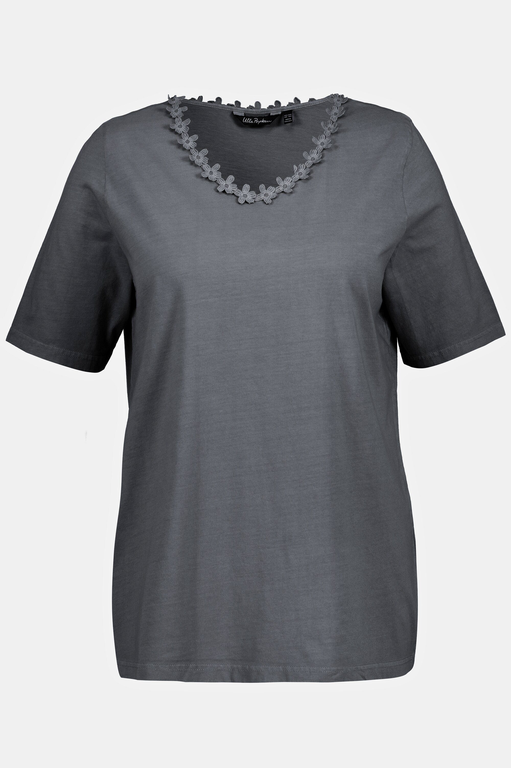 Damen Shirts Ulla Popken Rundhalsshirt T-Shirt Blütenbordüre V-Ausschnitt Halbarm