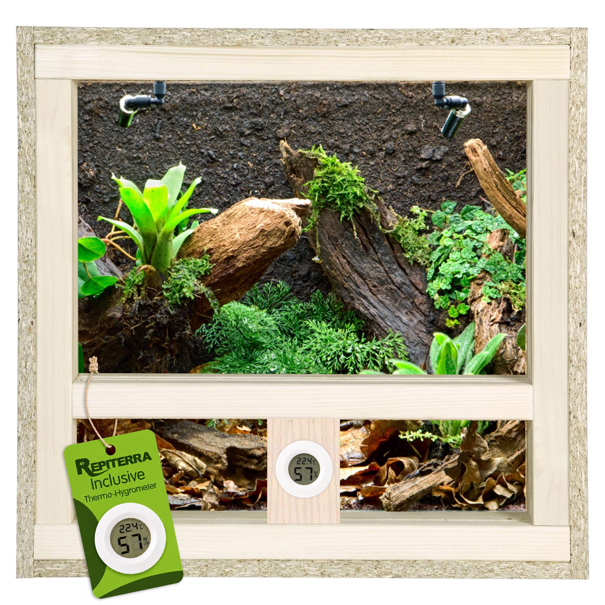 Repiterra Terrarium Holzterrarium mit Glasfront mit Seitenbelüftung 40x40x40 cm hochwertig, inklusive Thermo-Hygrometer - sehr gute Wärmeisolierung