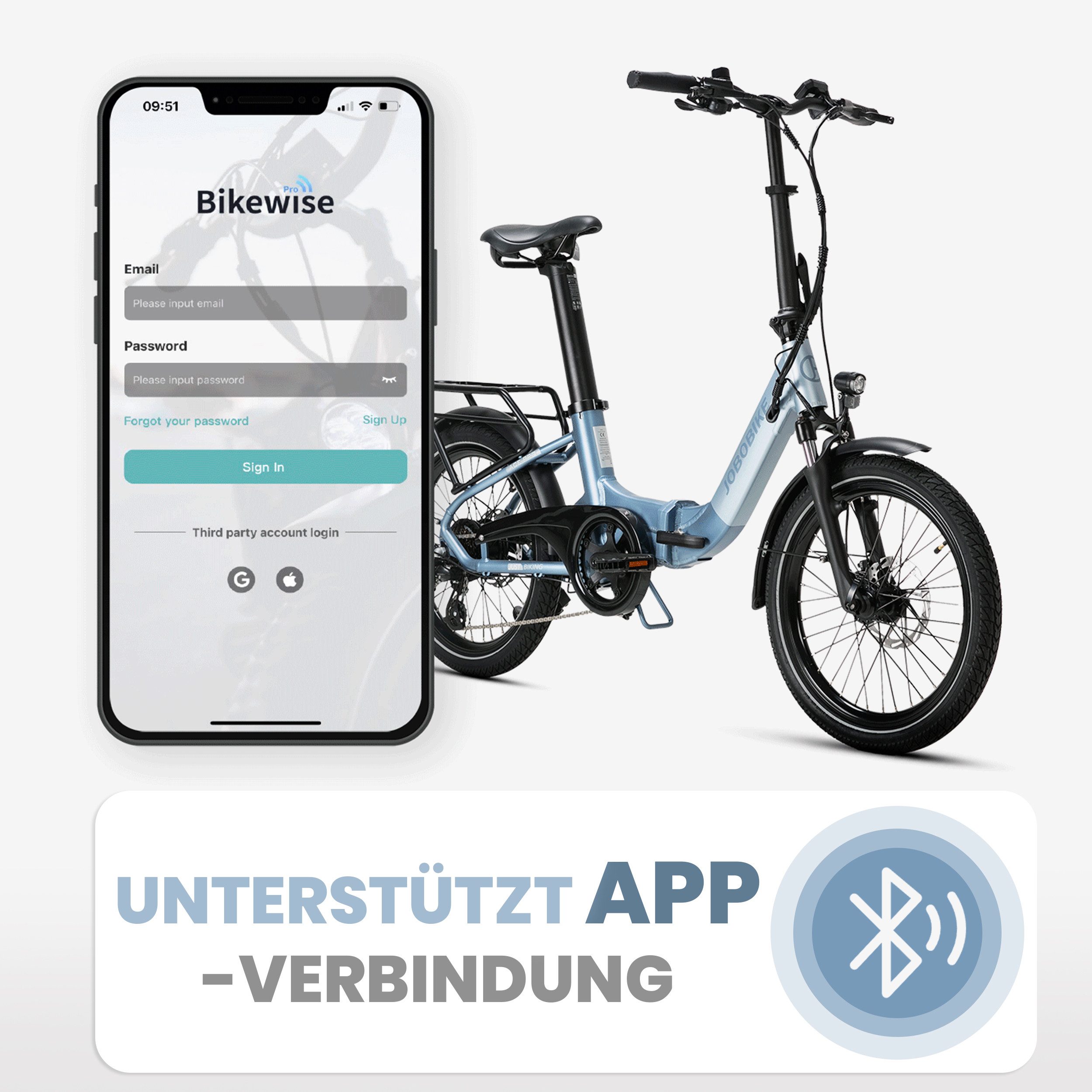 JOBOBIKE E-Bike Klapprad 20" für Damen & Herren, ACE Pro, Pedelec, 110 km, DMS, mit Tasche, 7 Gang Shimano, Kettenschaltung, Heckmotor, 360 Wh, (mit abnehmbarem Akku, mit Bluetooth, Drehmomentsensor), Kompakt & stark – das faltbare City-E-Bike für Alltag & Freizeit