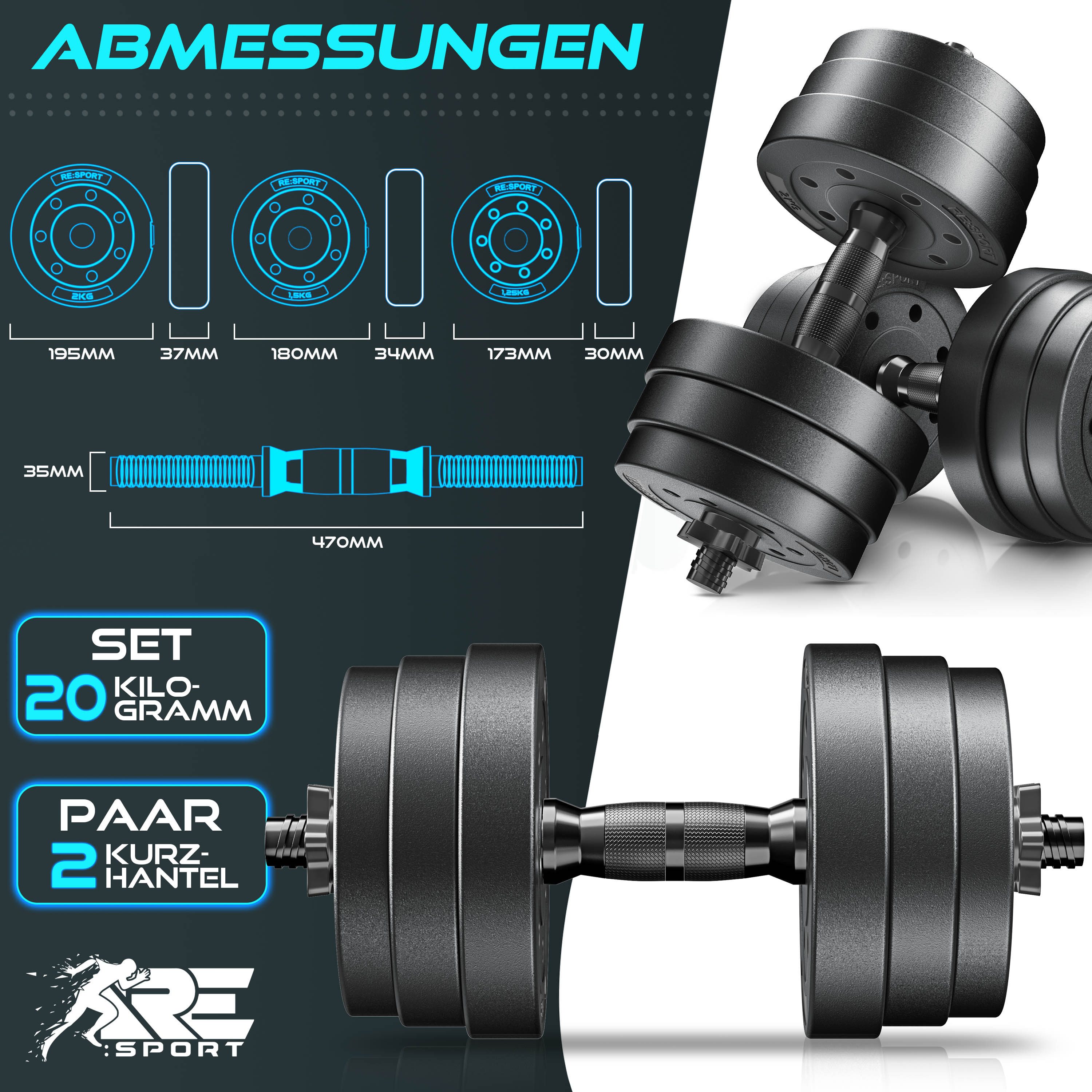 RE:SPORT Hantel RE:SPORT® Kurzhantel Set 15 - 40 kg Hantelset Hantel Krafttraining, (für Muskelaufbau, Workout & Zuhause, mit Gewichten & 4 Sternverschlüsse Fitness Kurzhantel), Hanteln Set verstellbar mit 2 Kurzhanteln Hantel