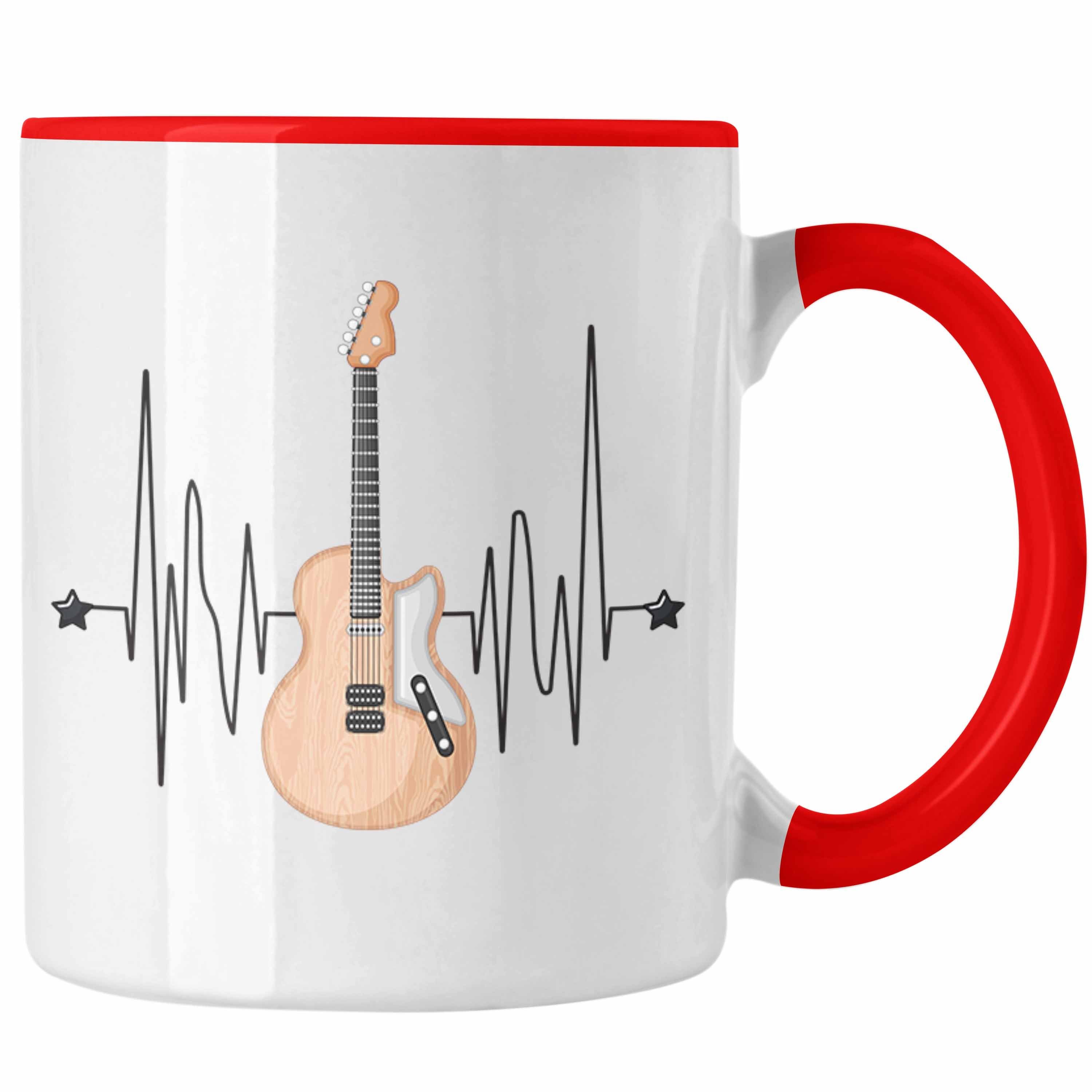 Trendation Tasse Herzschlag Tasse Geschenk Gitarre Geschenkidee für Gitarrenspieler Kaf Rot