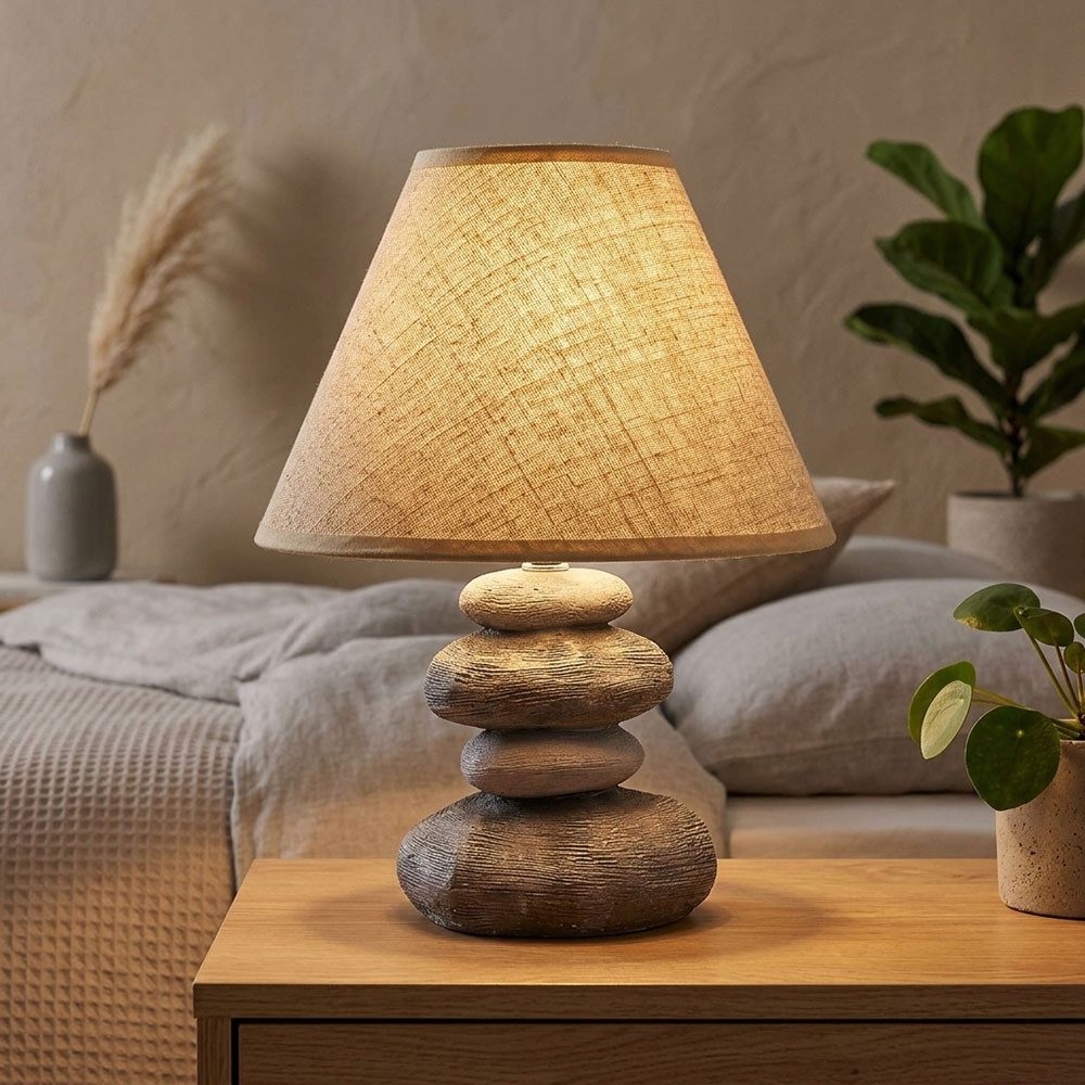 FISCHER & HONSEL Schreibtischlampe, Leuchtmittel nicht inklusive, Tischlampe Beistellleuchte Textil Schirm Steinoptik braun H 33,5 cm