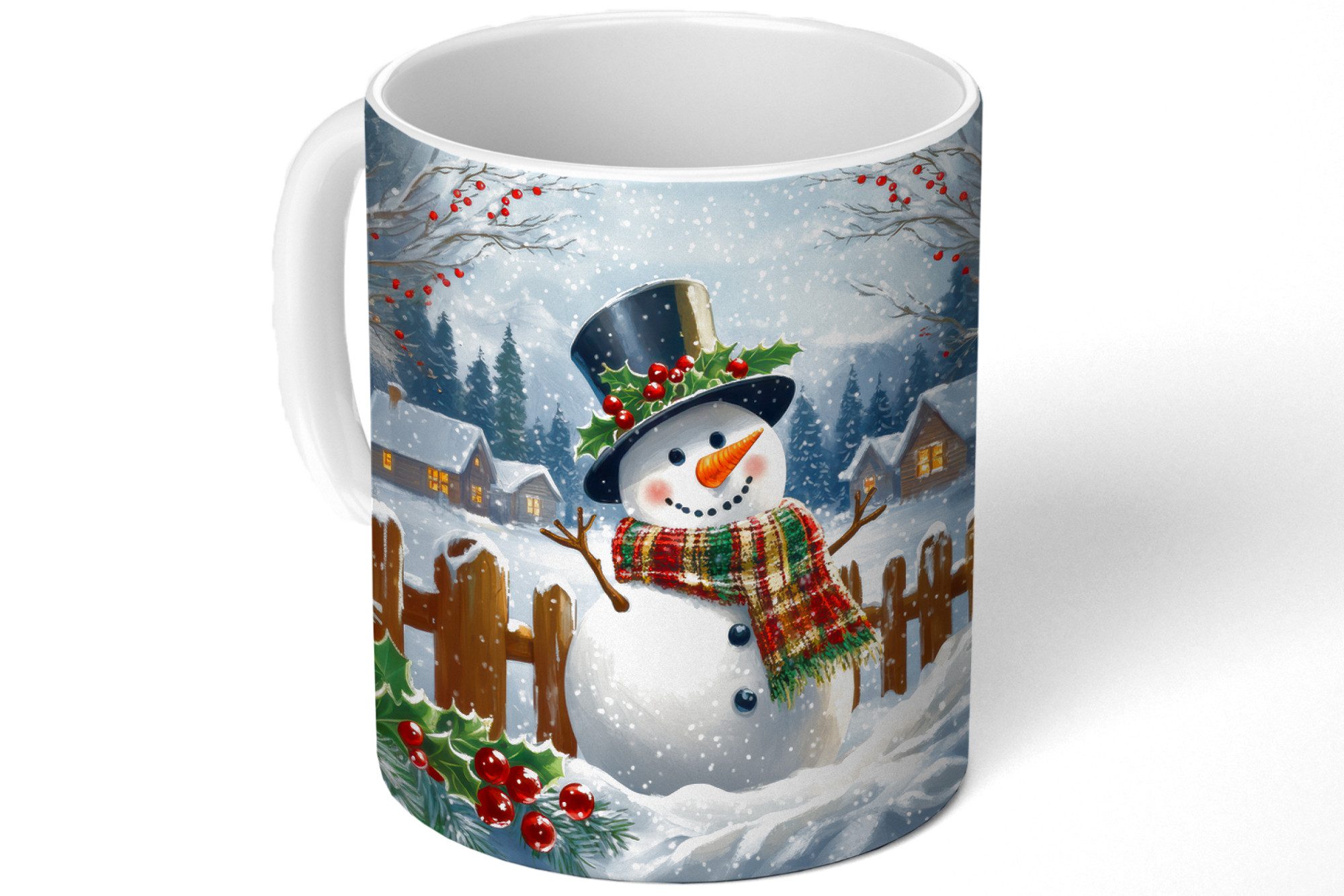 MuchoWow Tasse Schneemann - Winterdorf - Farbenfroh, 1-tlg., Keramik, Kaffeetassen, Teetasse, Becher, Kaffeebecher, Geschenk