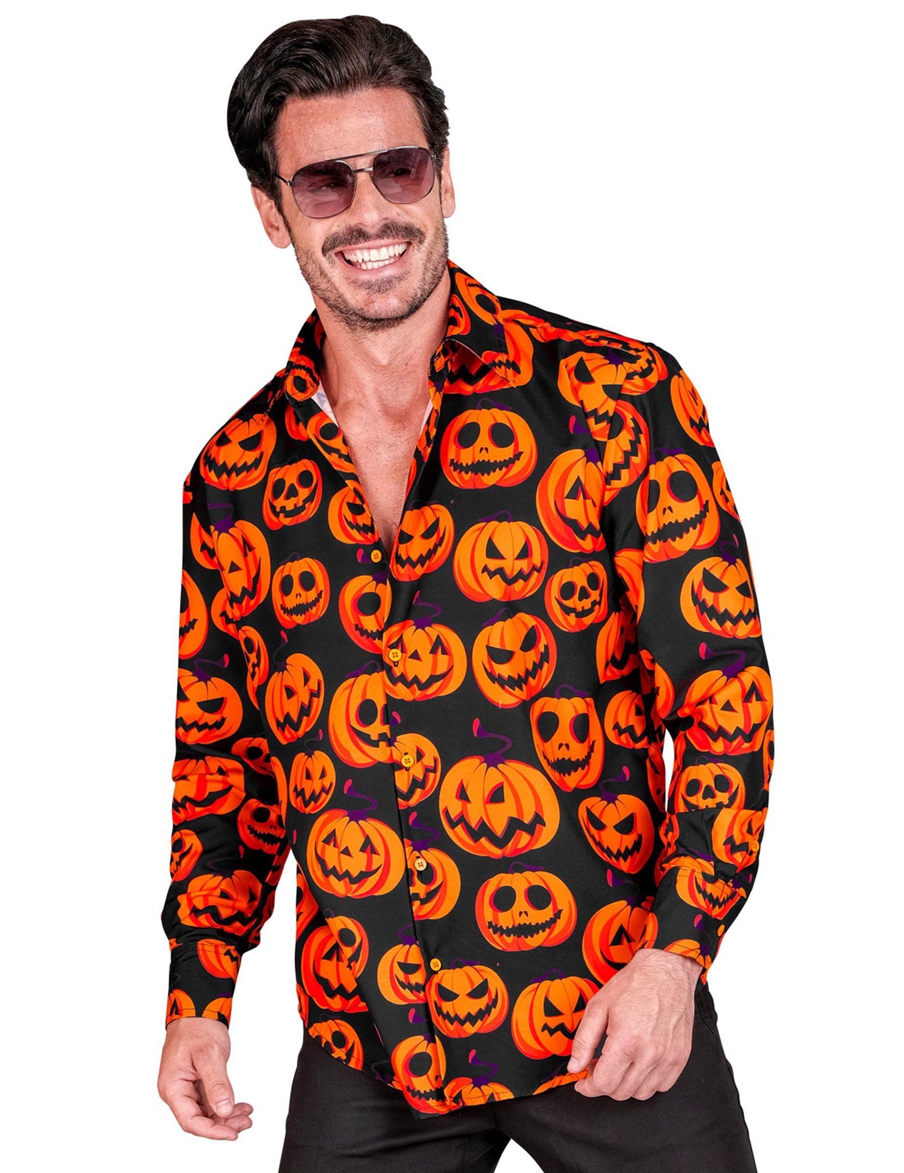 Widmann S.r.l. Kostüm Kürbis Hemd für Herren Halloween Schwarz Orange