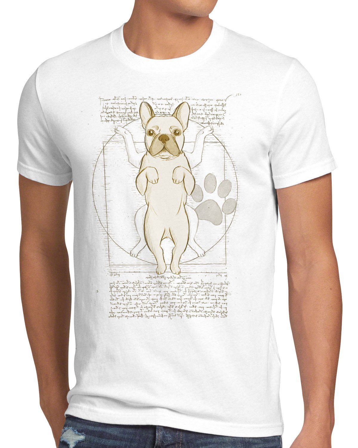 französische Frenchie hund T-Shirt Herren Print-Shirt Vitruvianischer weiß style3 bulldogge