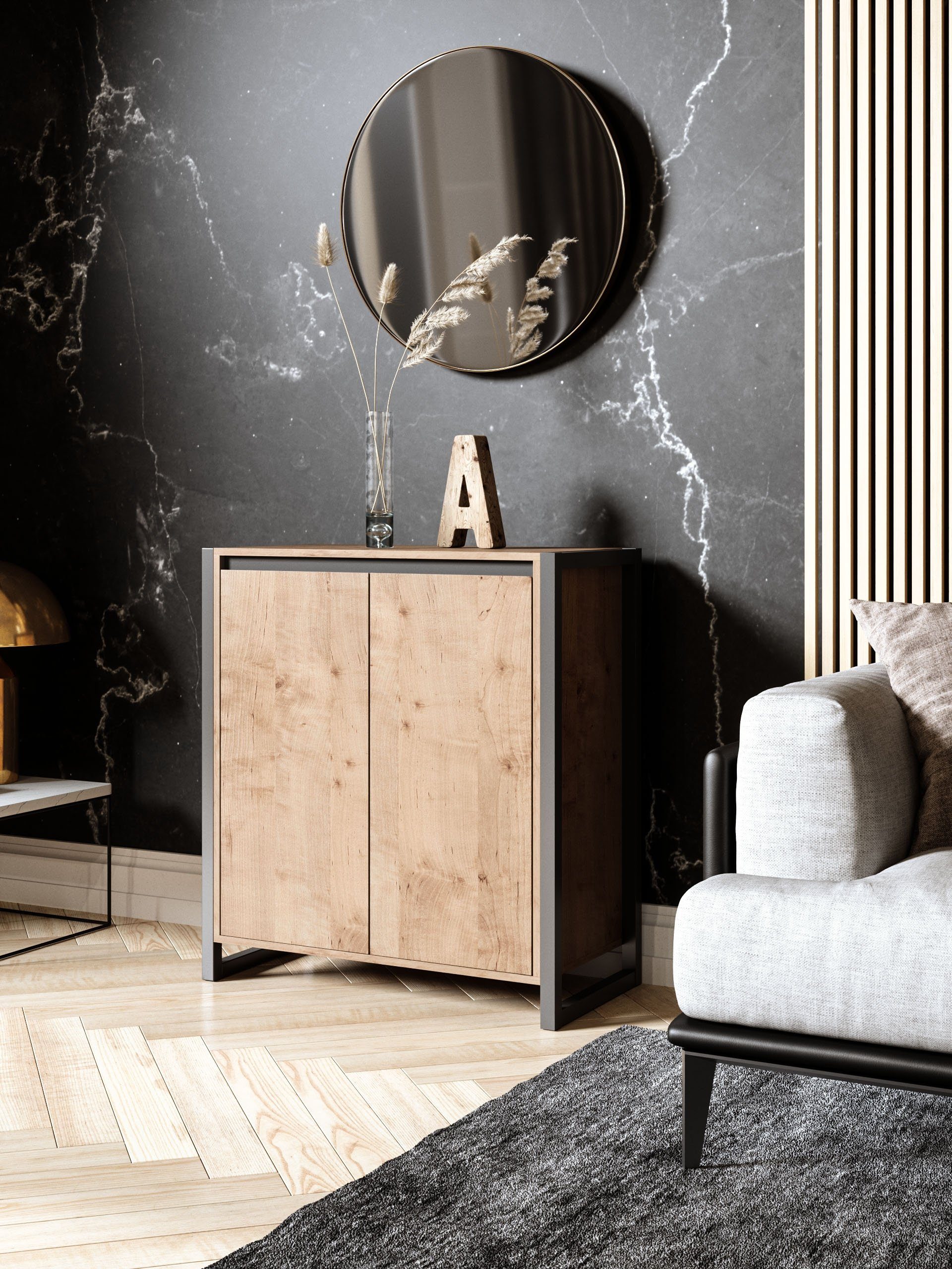 Newroom Kommode Wildeiche 80 cm, Wildeiche Sideboard Vintage Industrial Highboard Anrichte Wohnzimmer