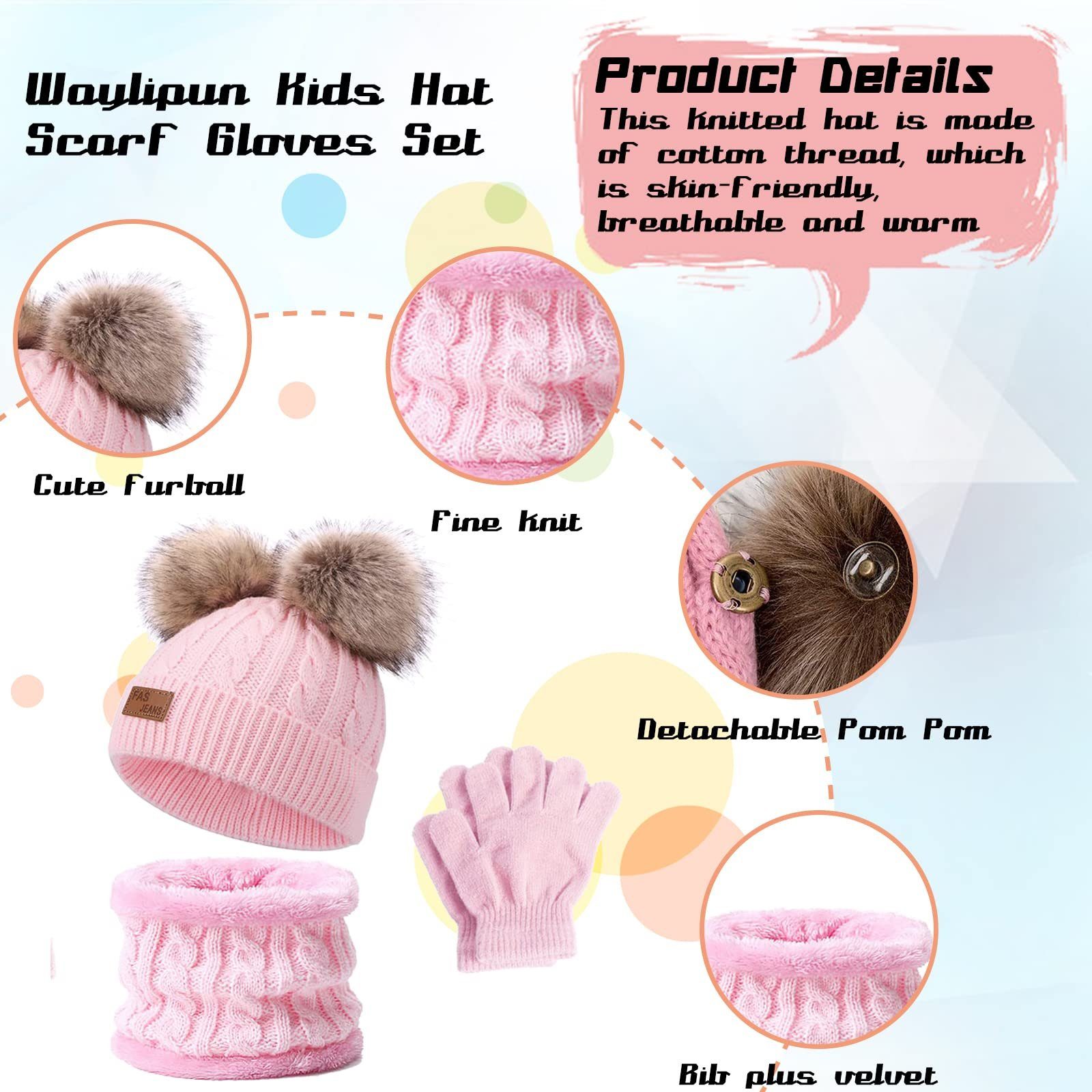 Strickmütze 1-5 Fleece mit Fell Bobbl) für (1-St., Jahre rosa Kinder-Wintermütze-Schal-Handschuh-Set Kinder-Jungen-Mädchen POCHUMIDUU Futter und