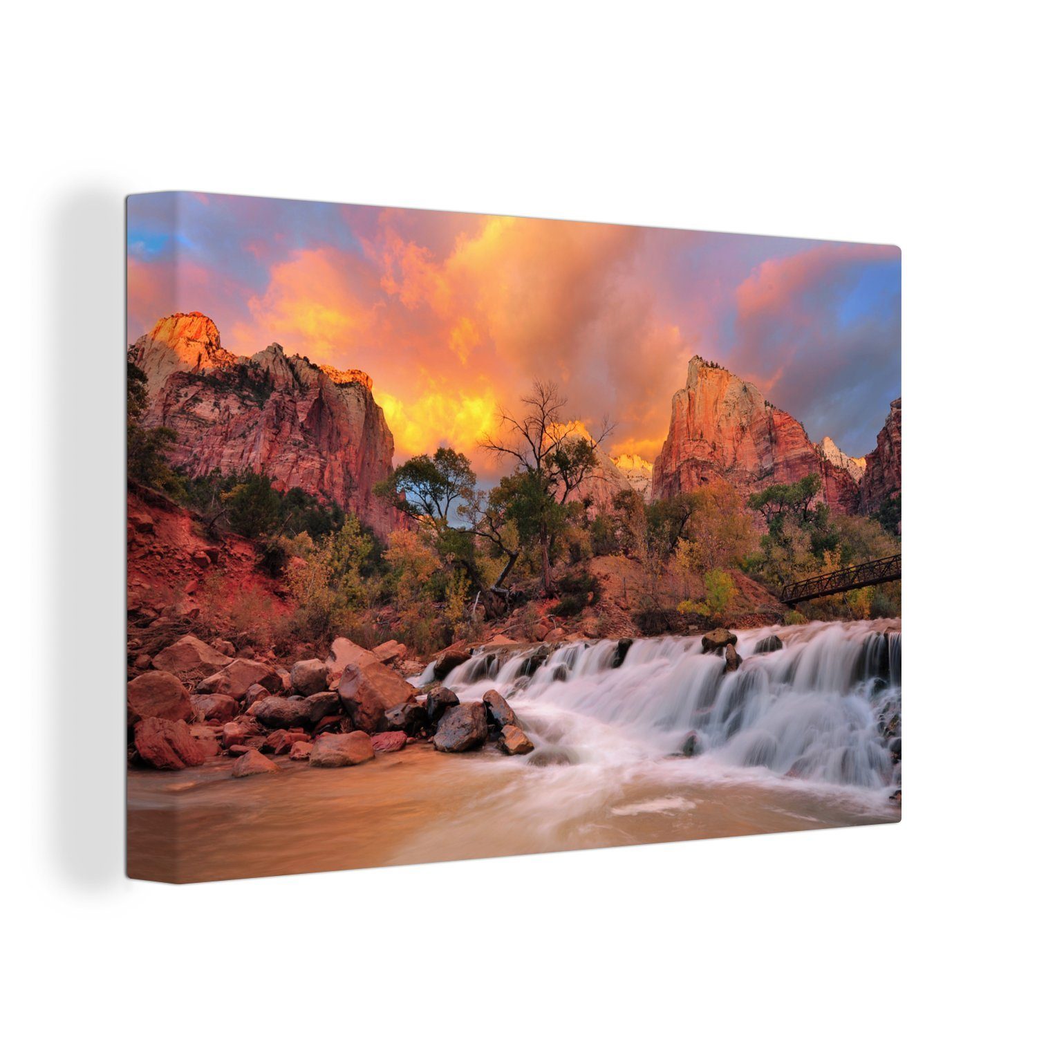 OneMillionCanvasses® Leinwandbild Wasserfall in der Abendsonne im Zion National Park, Utah, (1 St), Wandbild Leinwandbilder, Aufhängefertig, Wanddeko, 30x20 cm