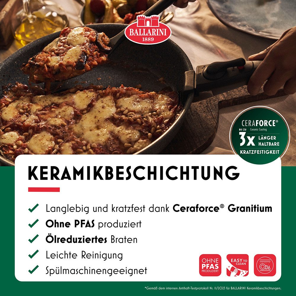 BALLARINI Pfannen-Set Bratpfanne Torre, Aluminium (Set, 4-tlg., 2 Griffe, 1 Bratpfanne 28 cm, 1 Bratpfanne 24 cm), Abnehmbarer Griff, Keramikbeschichtung, Made in Italy, stapelbar