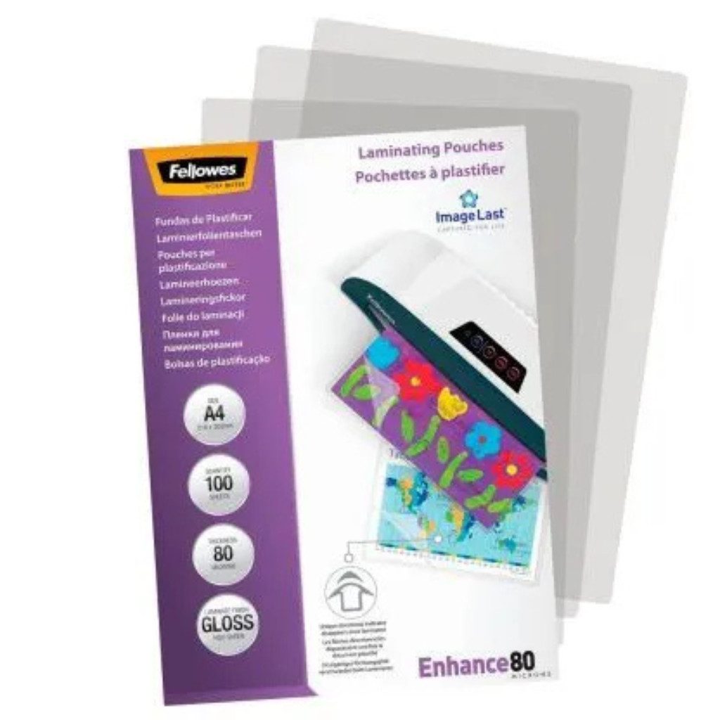 FELLOWES Schutzfolie 100 Fellowes Enhance80 ImageLast Laminierfolien, (Packung, 100-St., 100 Laminierfolien), Glänzende Oberfläche für brillante Ergebnisse