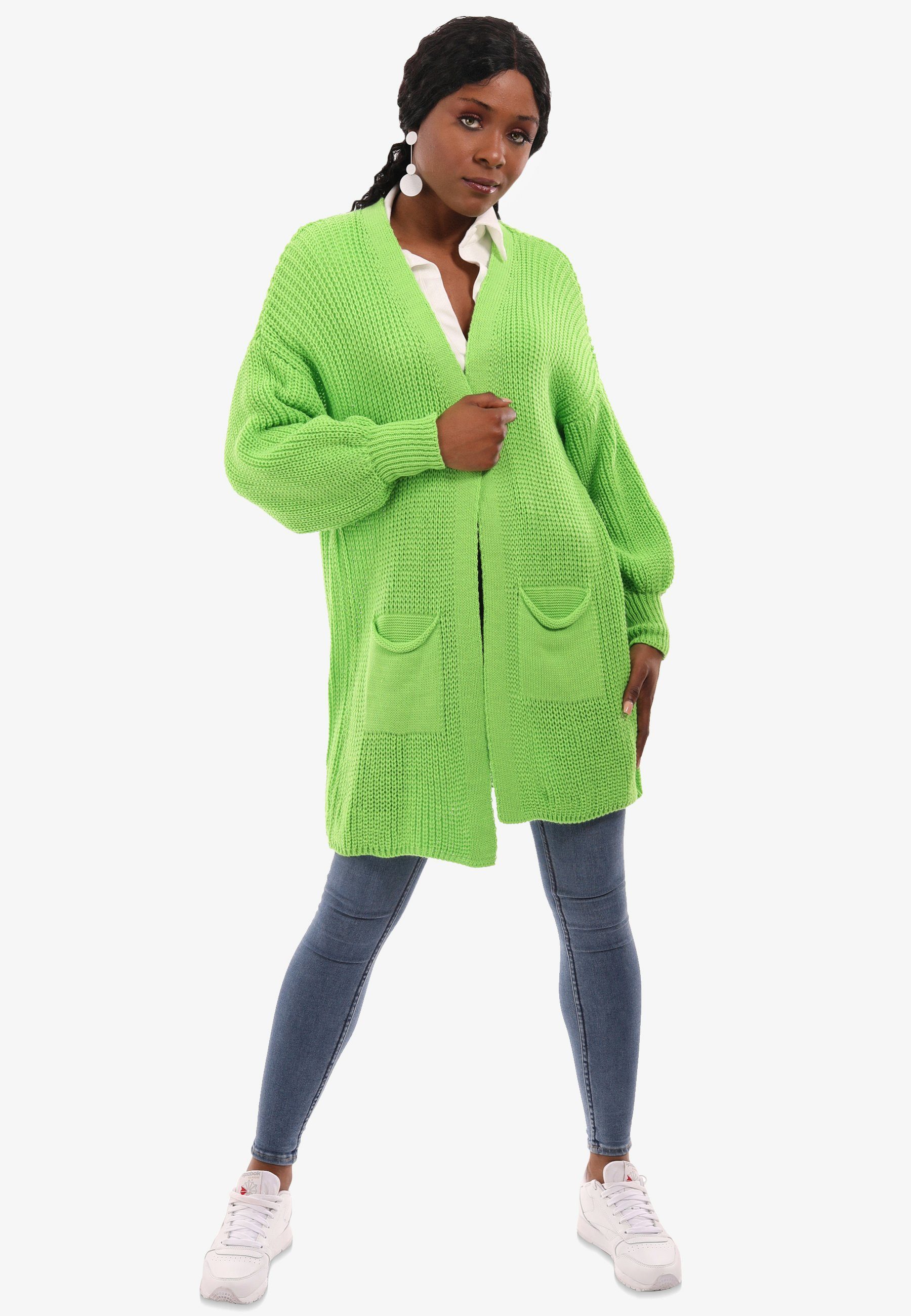 Cardigan mit Taschen mit & aufgesetzten Taschen One Style limegreen Fashion Size in Unifarbe, Strick-Cardigan YC