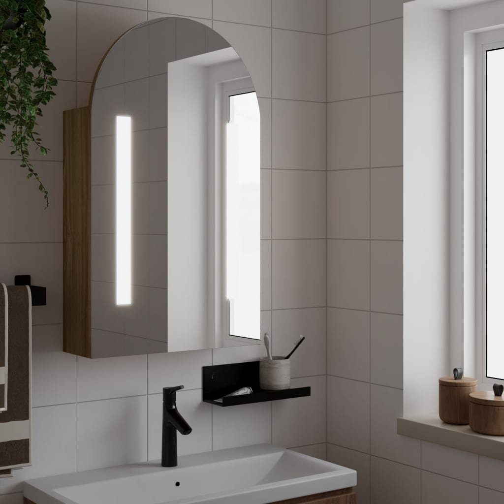 Badezimmerspiegelschrank Eichenoptik vidaXL Gewölbt Spiegelschrank (1-St) mit LED-Beleuchtung
