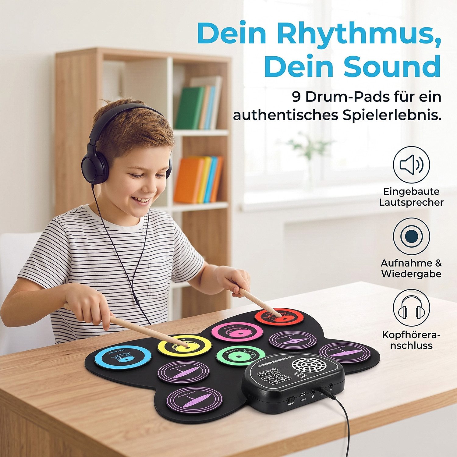 AKKEE E-Drum Schlagzeug Elektronisch Drum Set, 9 Pads Aufrollbar, Eingebauter Stereo-Lautsprecher, Unterstützt einen Kopfhörerausgang