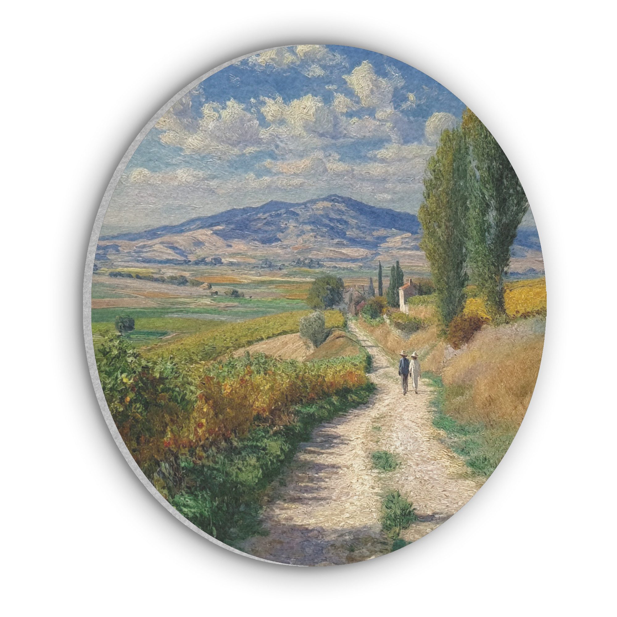 MuchoWow Gemälde Menschen - Wandern - Sandweg - Felder, Fotodruck (1 St), Akustikpaneele rund, Schalldämmung, Akustikbilder 30x30 cm