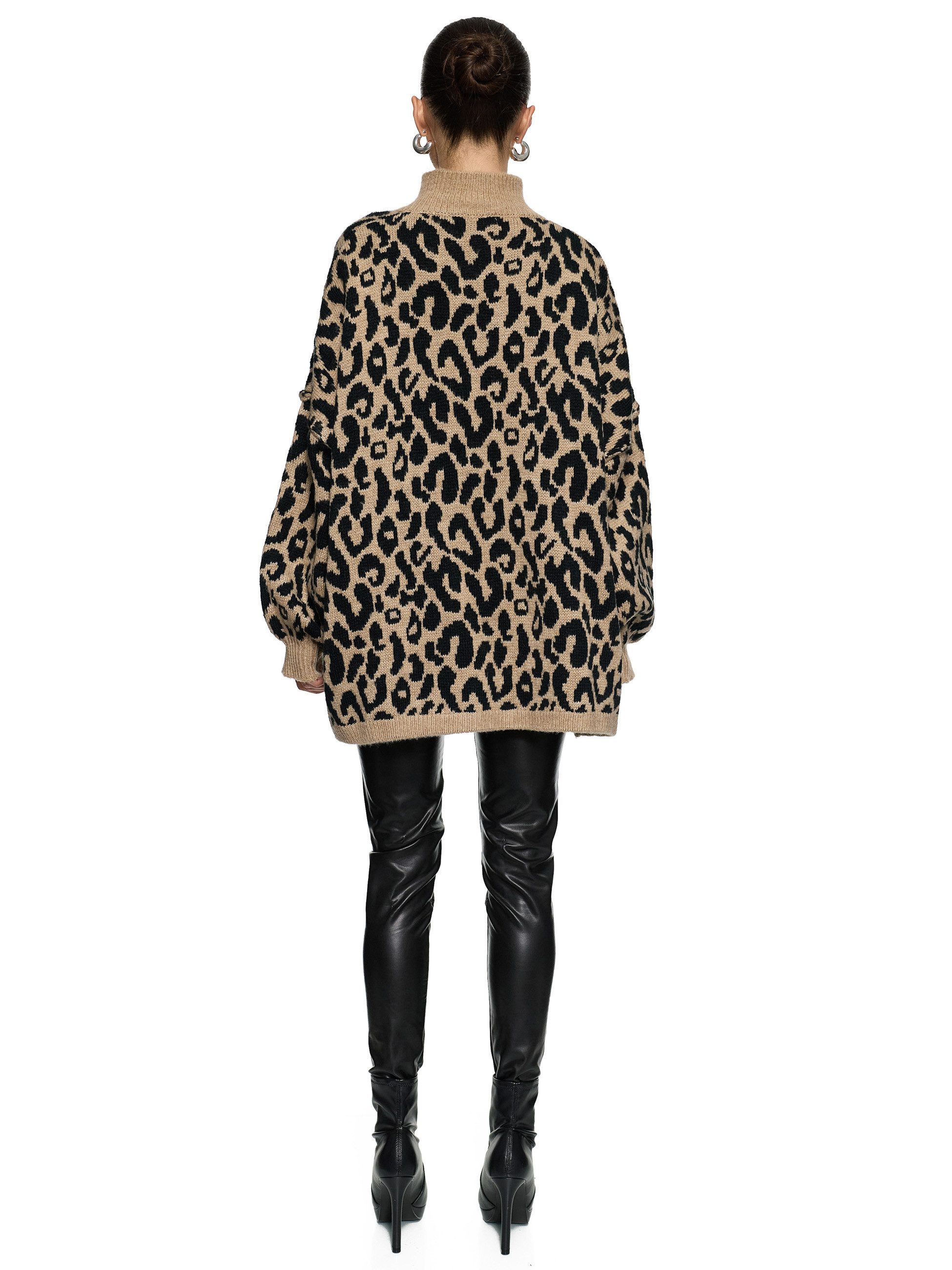 Worldclassca Longpullover WORLDCLASSCA Damen Oversize Strickpulllover Lang Leopard Muster Neue Kollektion - Stilvolle und gemütliche Strickmode für Damen