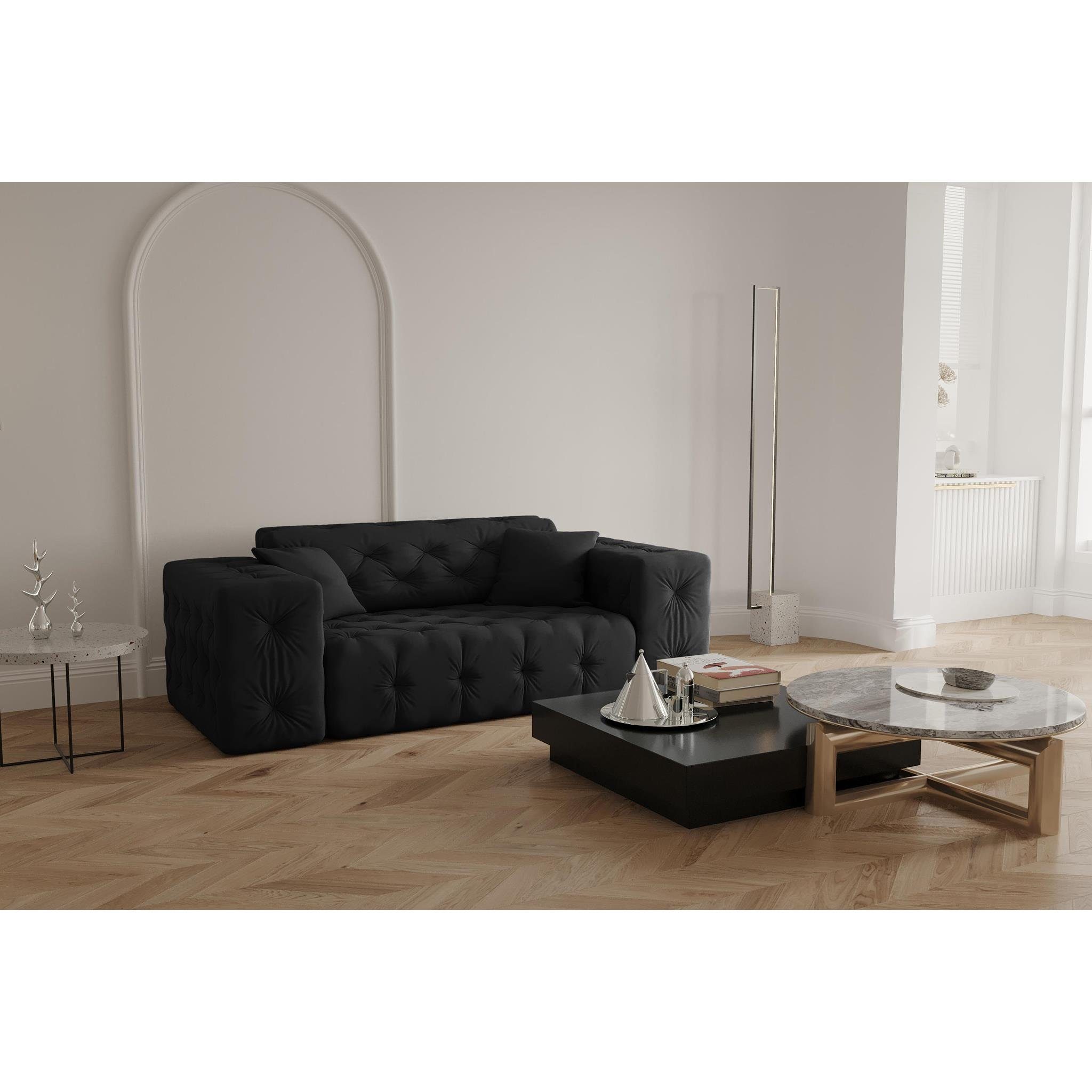 Beautysofa 2-Sitzer Moreno, 2-Sitzer Sofa mit Wellenfedern auf Velvetstoff, im Chesterfield-Design, mit hochwertiger Knopfheftung Opera black