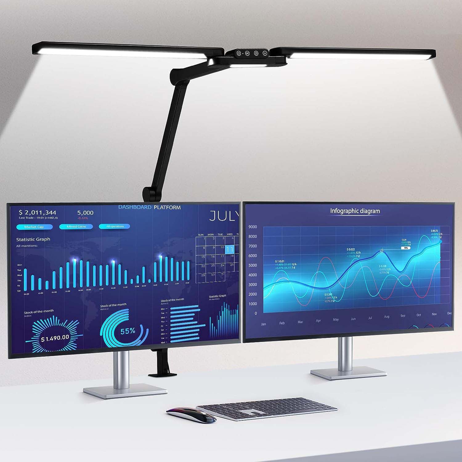 Jibenhome LED Schreibtischlampe LED Tischlampe Architektenlampe Doppelkopf Dimmbar,mit Klemme, Schwenkarm Schreibtischlampen,5 Farbtemperaturen,Ultra Bright