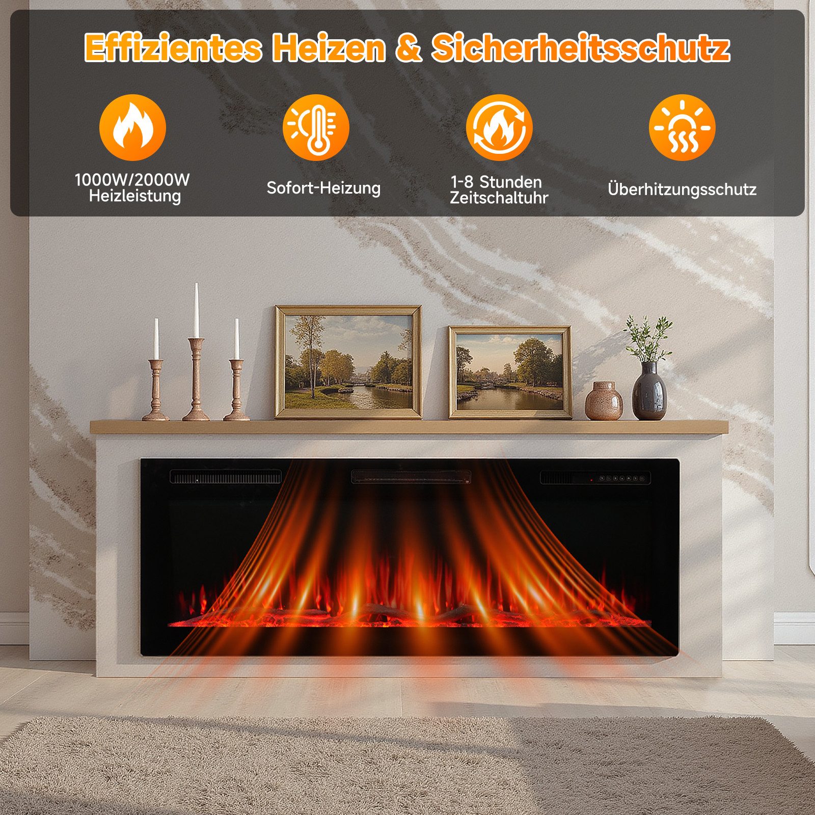 HOMAVO Elektrokamin mit Schrank, 50", 1000/2000W Heizung, 3D-Flammeneffekt, Schrankgröße: 150 x 30 x 60 cm, Fernbedienung & App-Steuerung – Bild 2 von 5