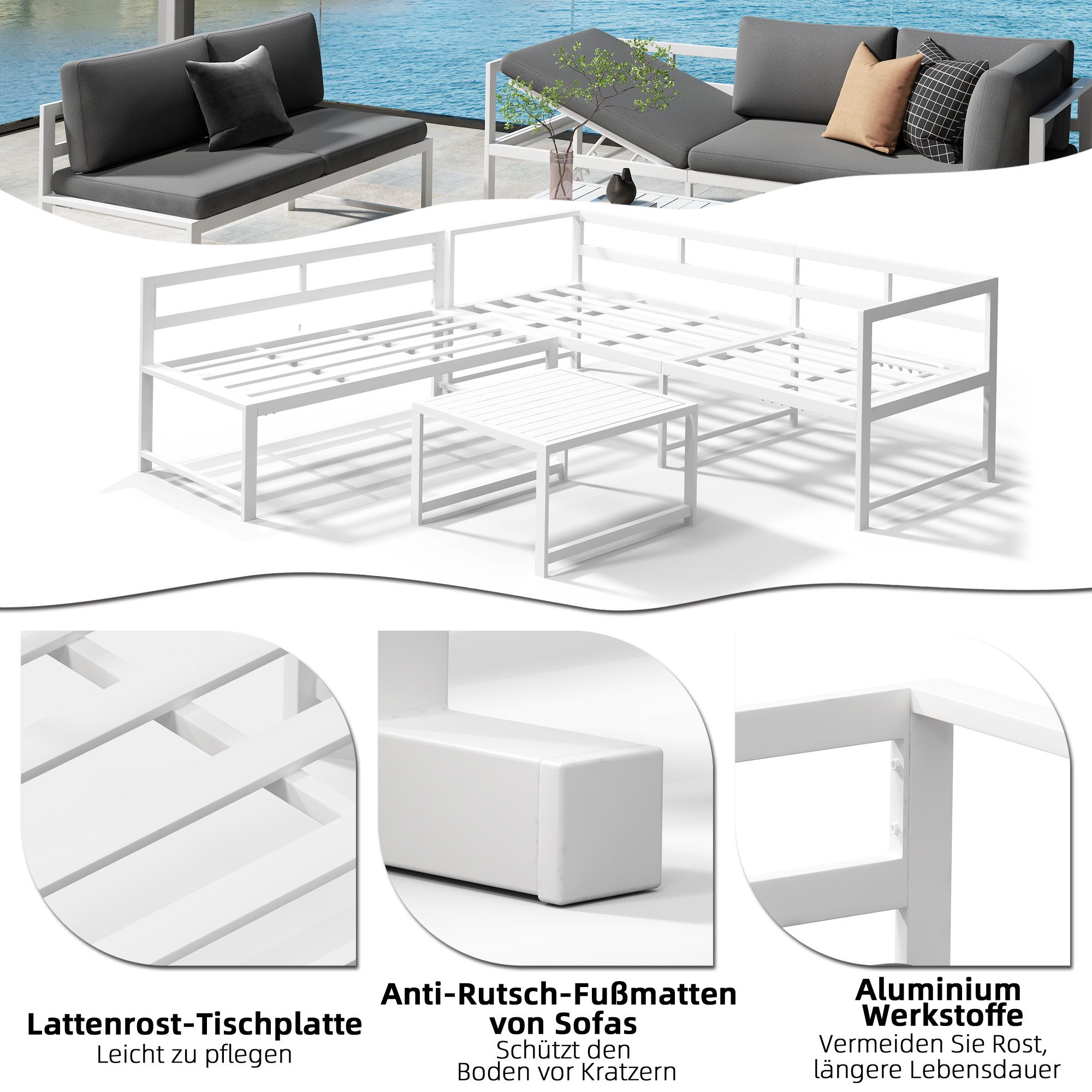 Melko Gartenlounge-Set Ecksofa Liegefunktion Aluminium Sitzgruppe wetterfest Ecklounge Weiß, (Set, 3-tlg., 2 Sofa, 1 Tisch, 11 Auflagen), Liegefunktion durch verstellbare Rückenlehne