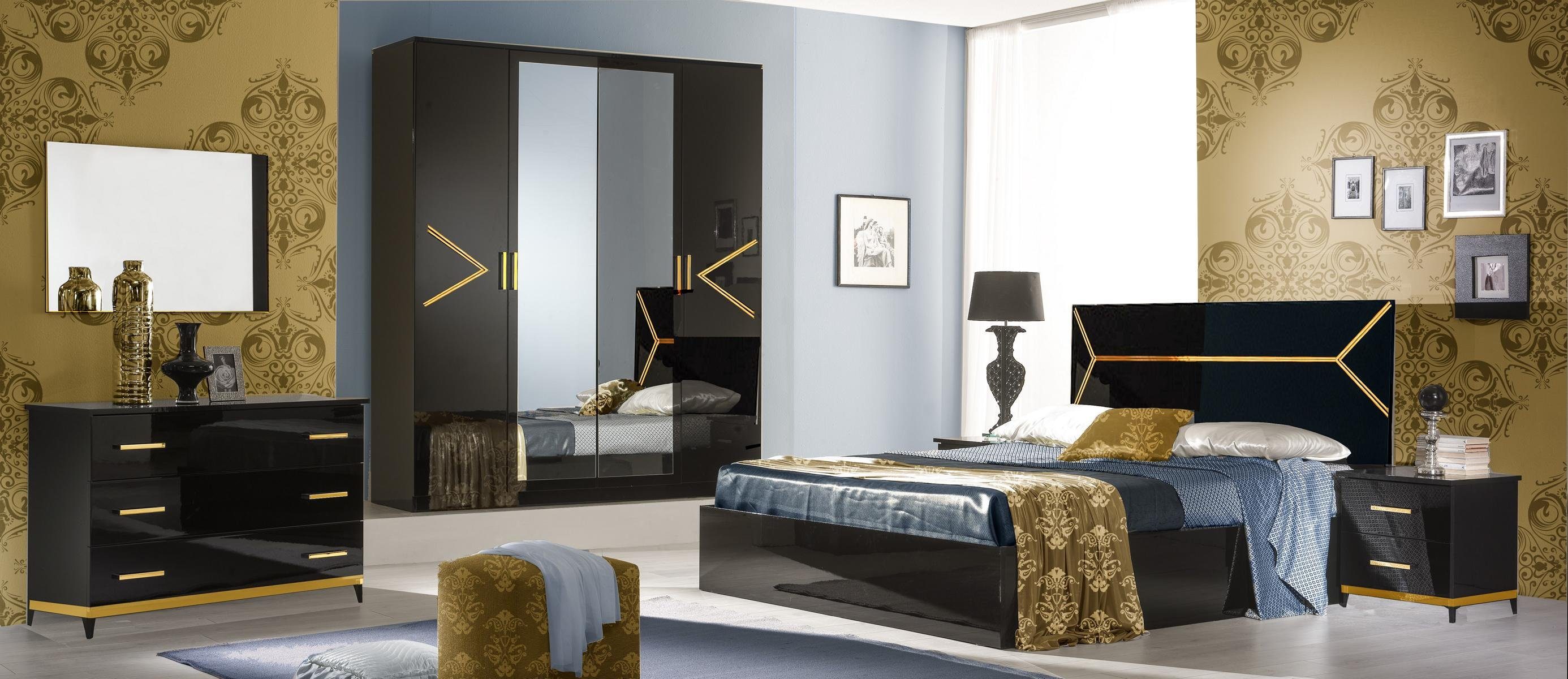 JVmoebel Garnitur Set Schlafzimmer-Set Schlafzimmer Luxus Bett tlg. 6 Stil Holz Modern Kommode