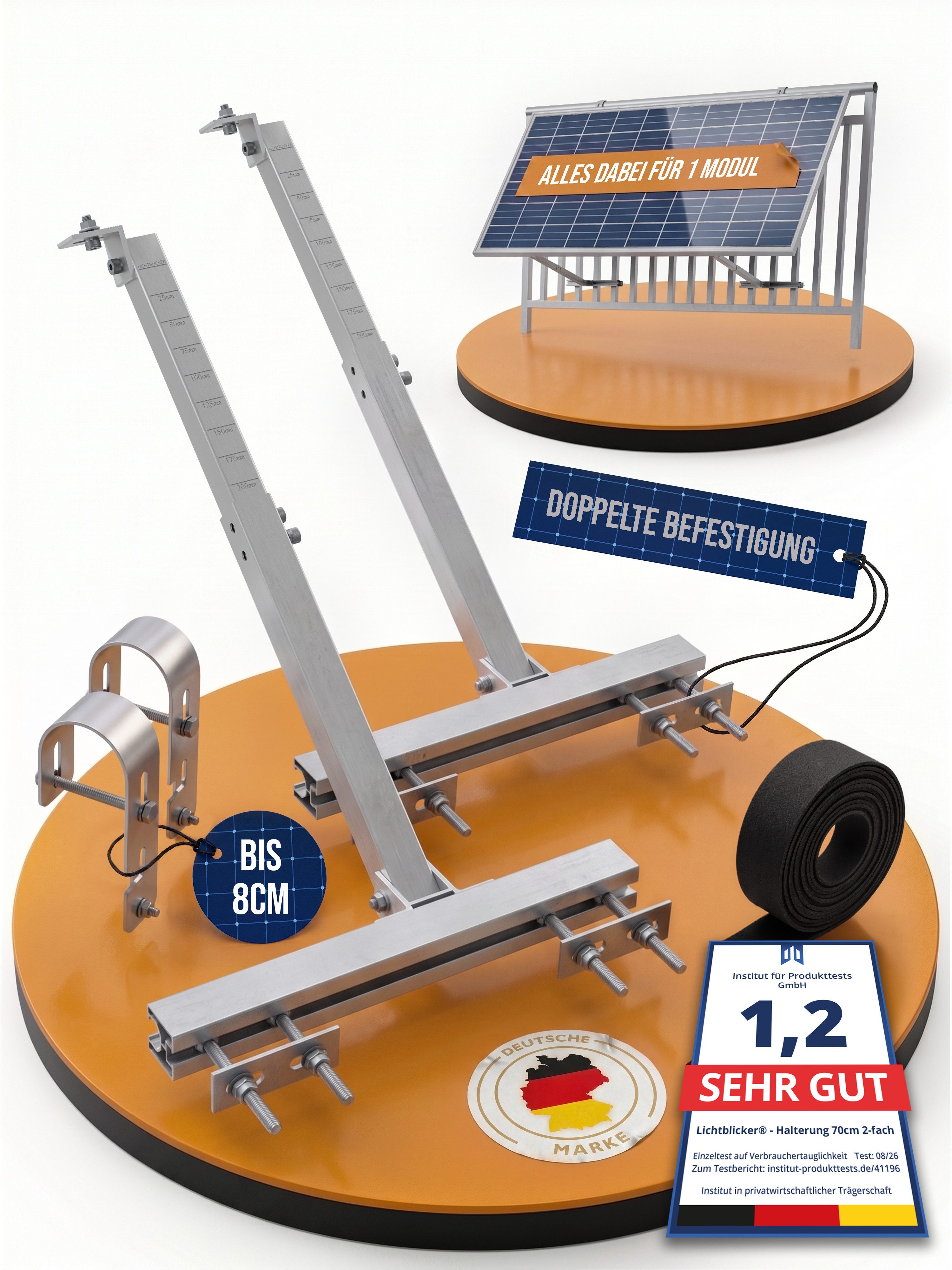 Lichtblicker Solarmodul-Halterung Balkonkraftwerk Halterung Balkon, Zaun etc. für 1 oder 2 Module, (Modulbreite unabhängig. Modulhöhe unabhängig., Witterungsbeständiges Aluminium, Edelstahlhaken und -schrauben)