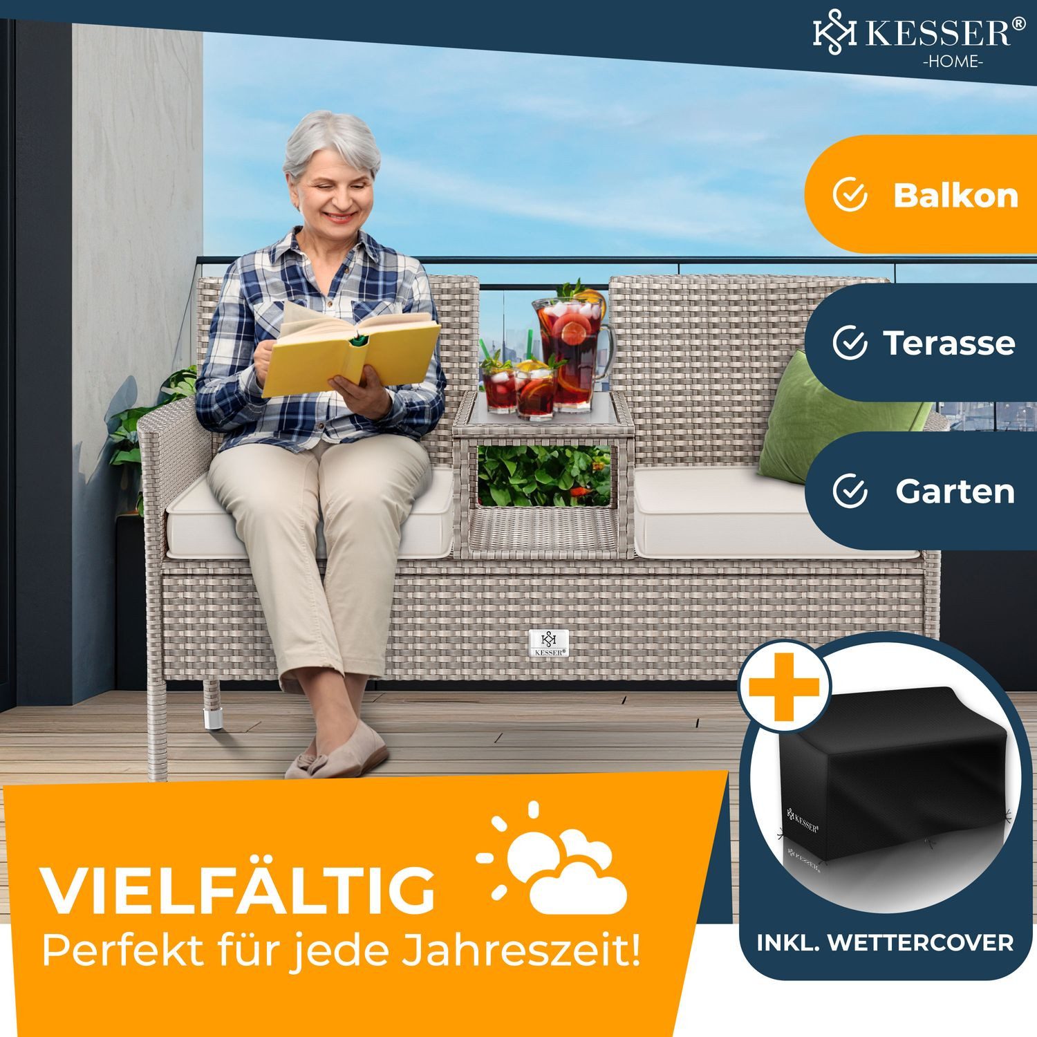 KESSER Gartenbank, Polyrattan Gartenbank 2-Sitzer Bank mit integriertem Tisch