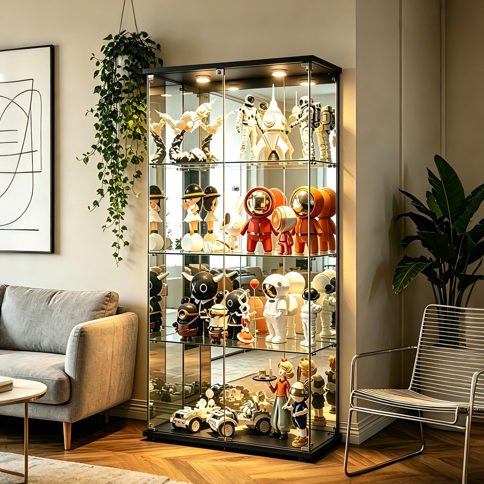 Simurq Glasvitrine Vitrinenschrank Glas mit Led Beleuchtung, Standvitrine mit 2 glastüren (Sammlervitrine mit Schloss und Kippsicherung, gehärtetes Glas) Standvitrinen mit 2 Glastür und 4 Lagen