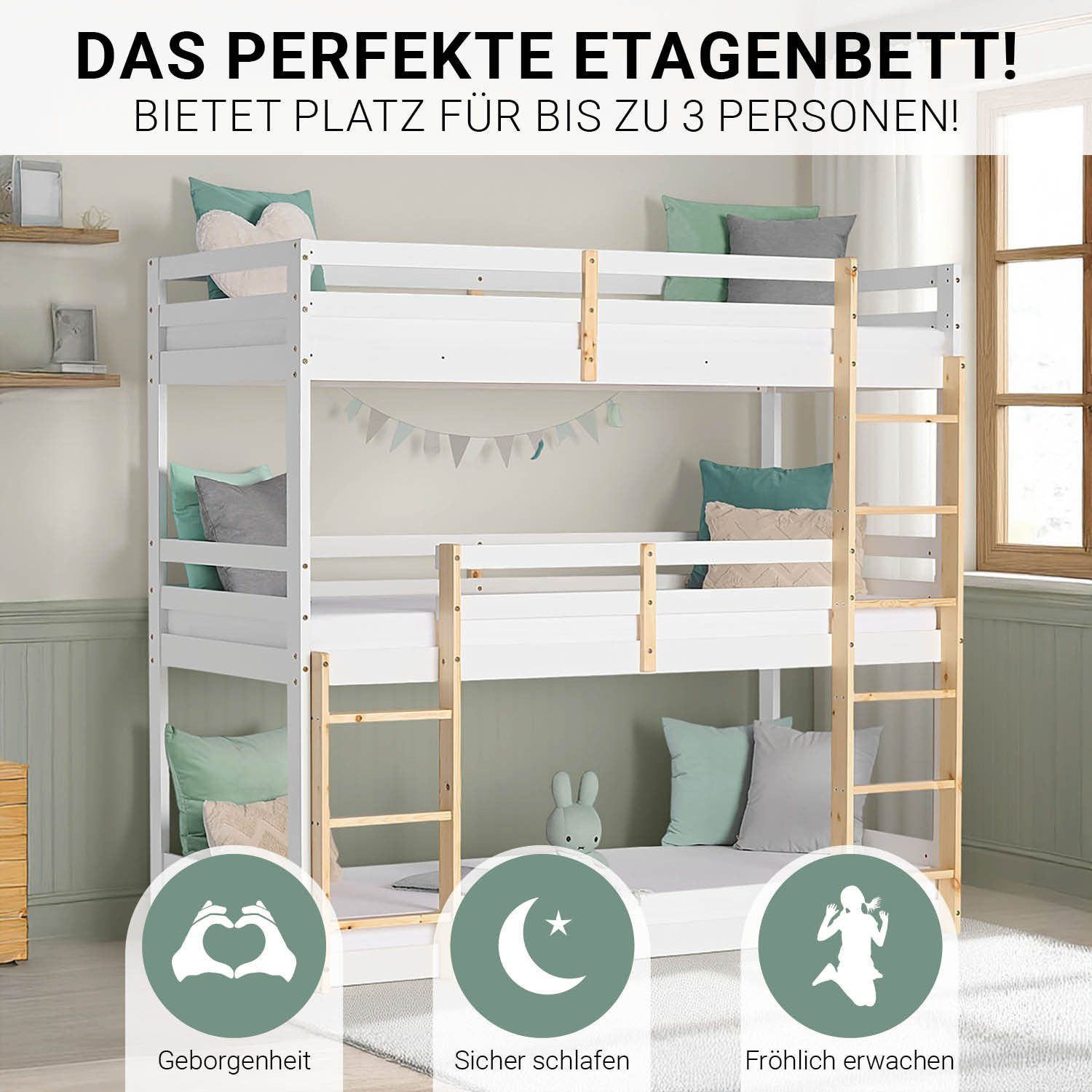 Homestyle4u Etagenbett 90x200 Hochbett Kinderbett Weiß Natur 3 Kinder Doppelstockbett Treppe (Set, mit Bettkasten/Schublade, Lattenrost, 3 Liegeflächen, 2 Leitern), mit 3 Liegeflächen