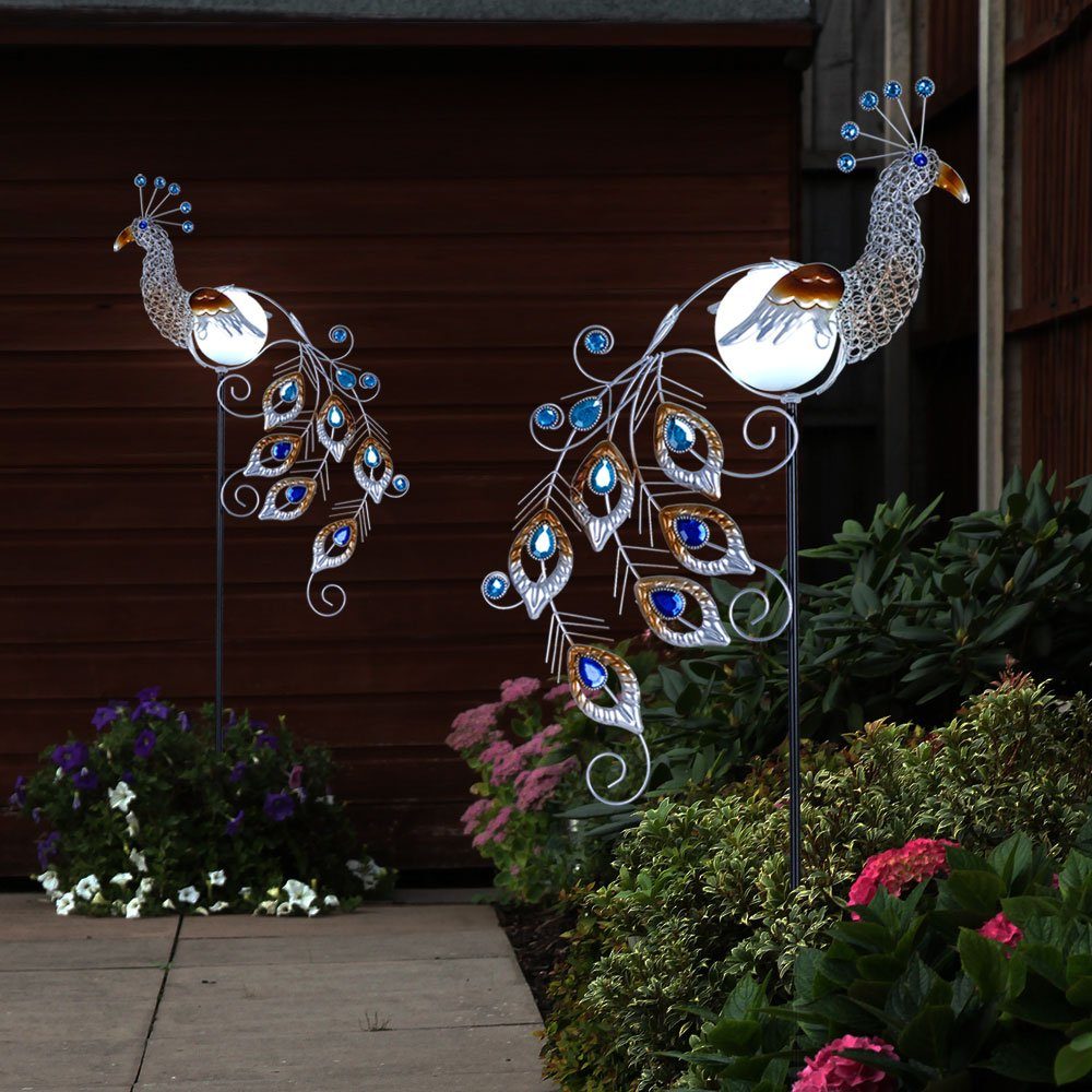 Pfau LED Solarleuchte Erdspieß Solar verbaut, LED-Leuchtmittel Stecklampe fest Globo Pfau Solarleuchte, Außenleuchte Vogel