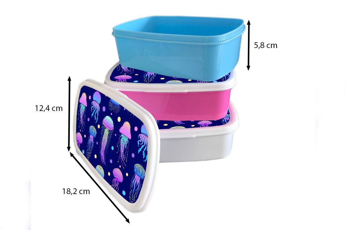 MuchoWow Lunchbox Quallen und weiß - - Erwachsene, (2-tlg), und - Kinder Brotdose, für Kunststoff, Muster Brotbox Neon, Mädchen Jungs Meerestiere für