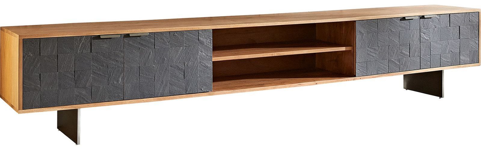 DELIFE Lowboard Teele, Akazie Natur Schiefer 240 cm 4 Türen Fuß schwebend Edelstahl