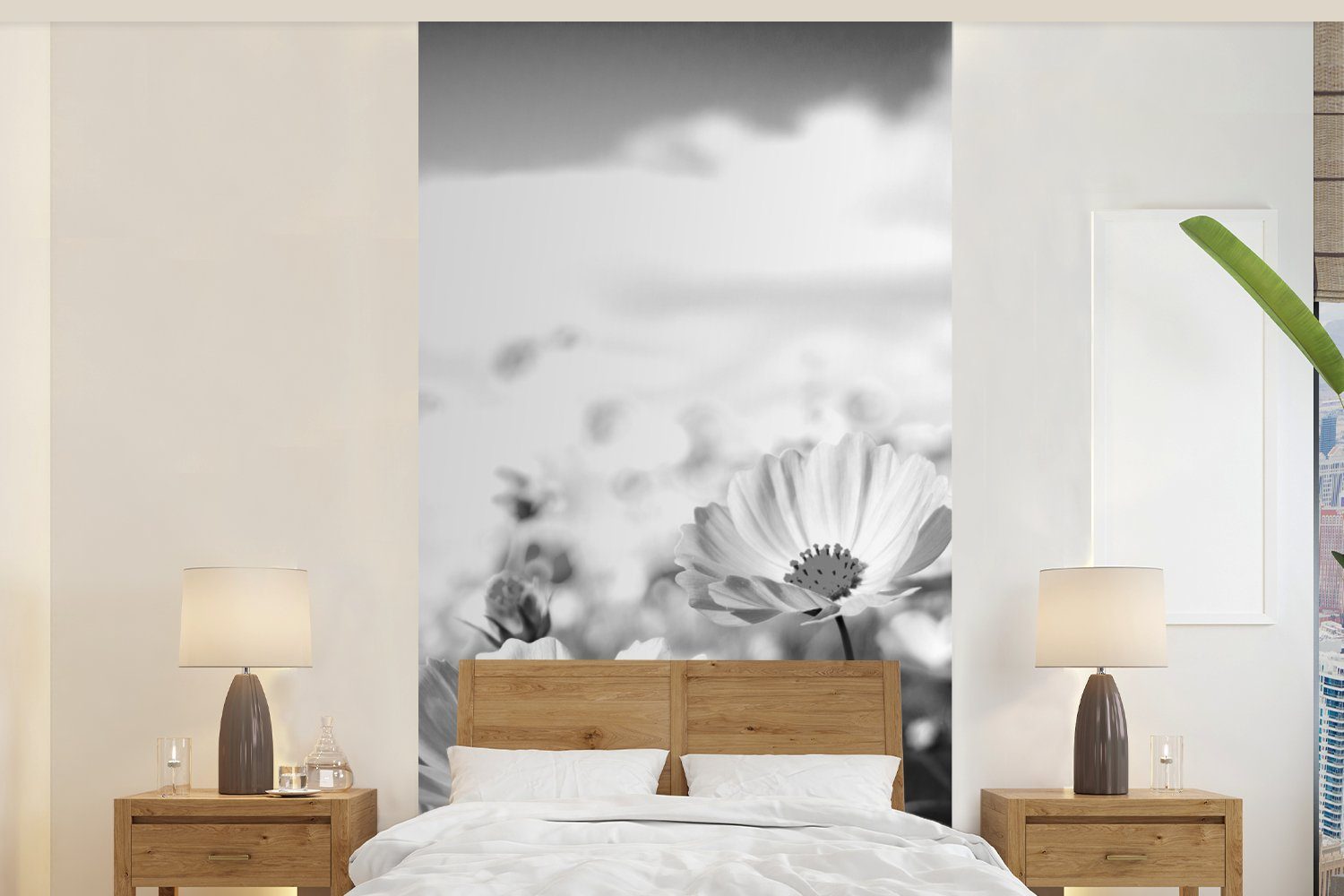MuchoWow Fototapete Blumen - Wiese - Lila - Gras - Weiß - Wolken - Blau, Matt, bedruckt, (2 St), Vliestapete für Wohnzimmer Schlafzimmer Küche, Fototapete