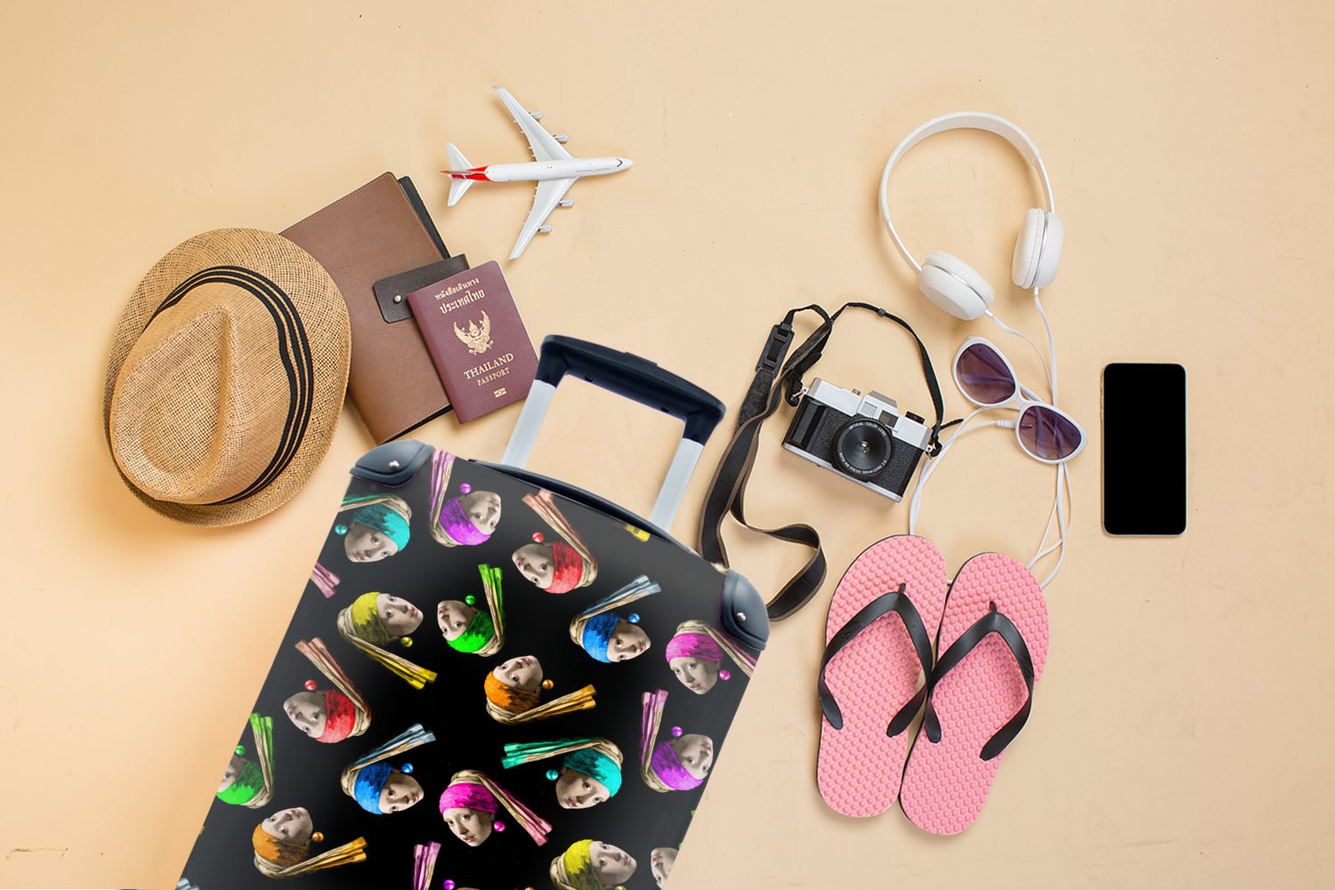 MuchoWow Handgepäckkoffer für Mädchen mit - Trolley, - Reisetasche Ferien, einem Reisekoffer 4 Handgepäck Perlenohrring mit rollen, Rollen, Regenbogen, Muster