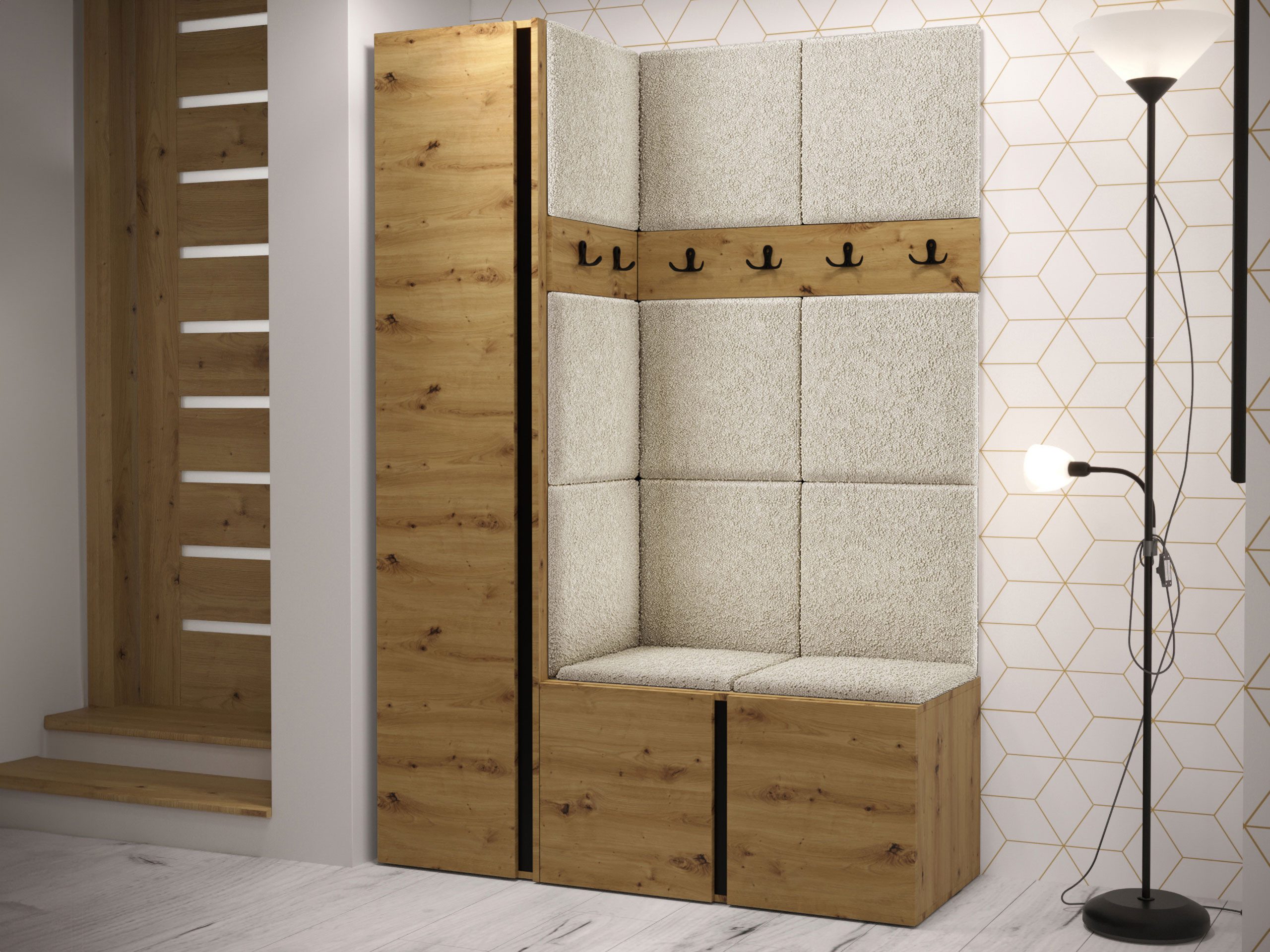 MIRJAN24 Garderoben-Set Orion IX, (Komplett-Set, mit Schuhschrank, Schrank, 2x Kleiderhakenbrett, Paneel 11x 42x42), Auswahl aus Fronten und Polsterplatten
