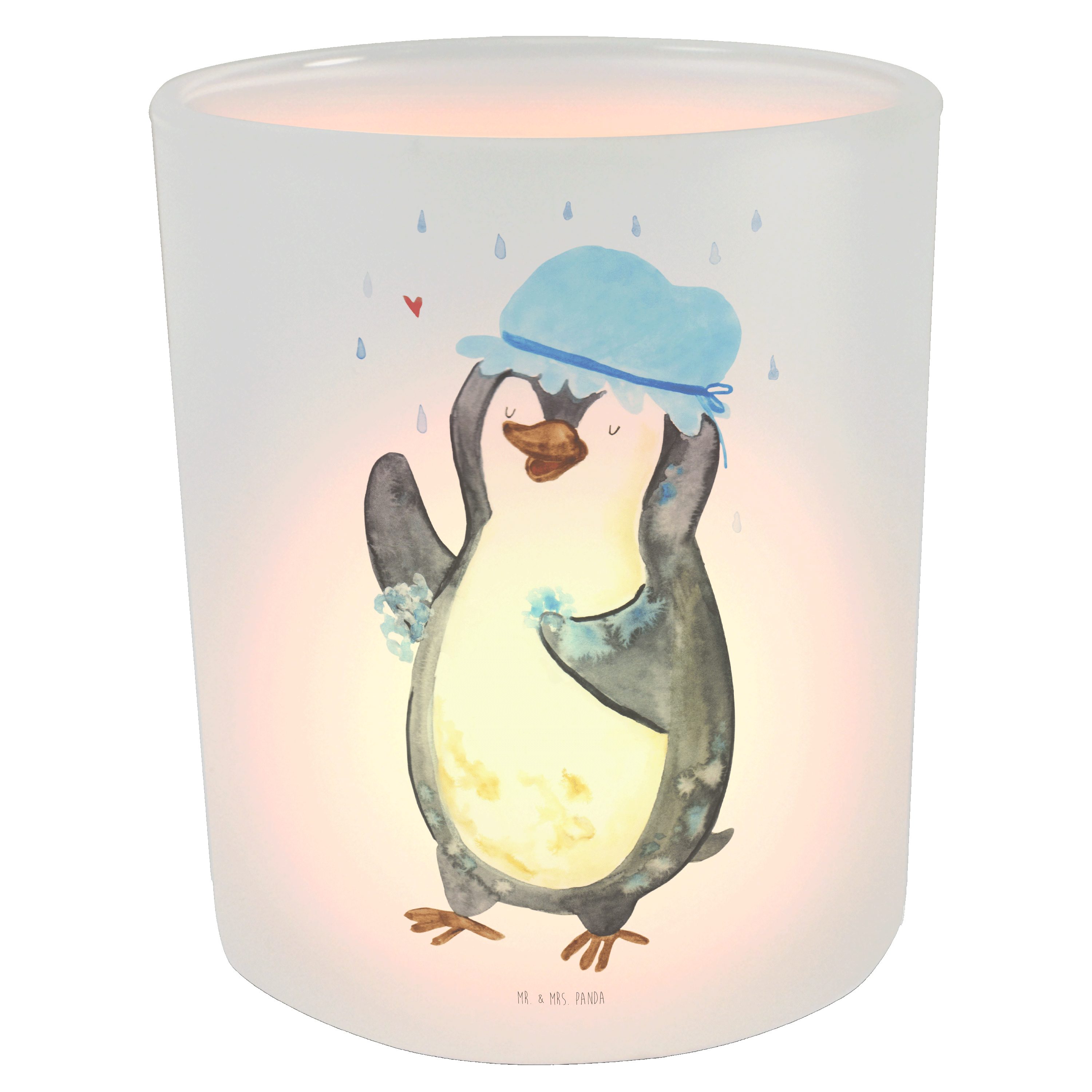 Mr. & Mrs. Panda Windlicht Pinguin duscht - Transparent - Geschenk, Kerzenglas, glücklich sein, (1 St)