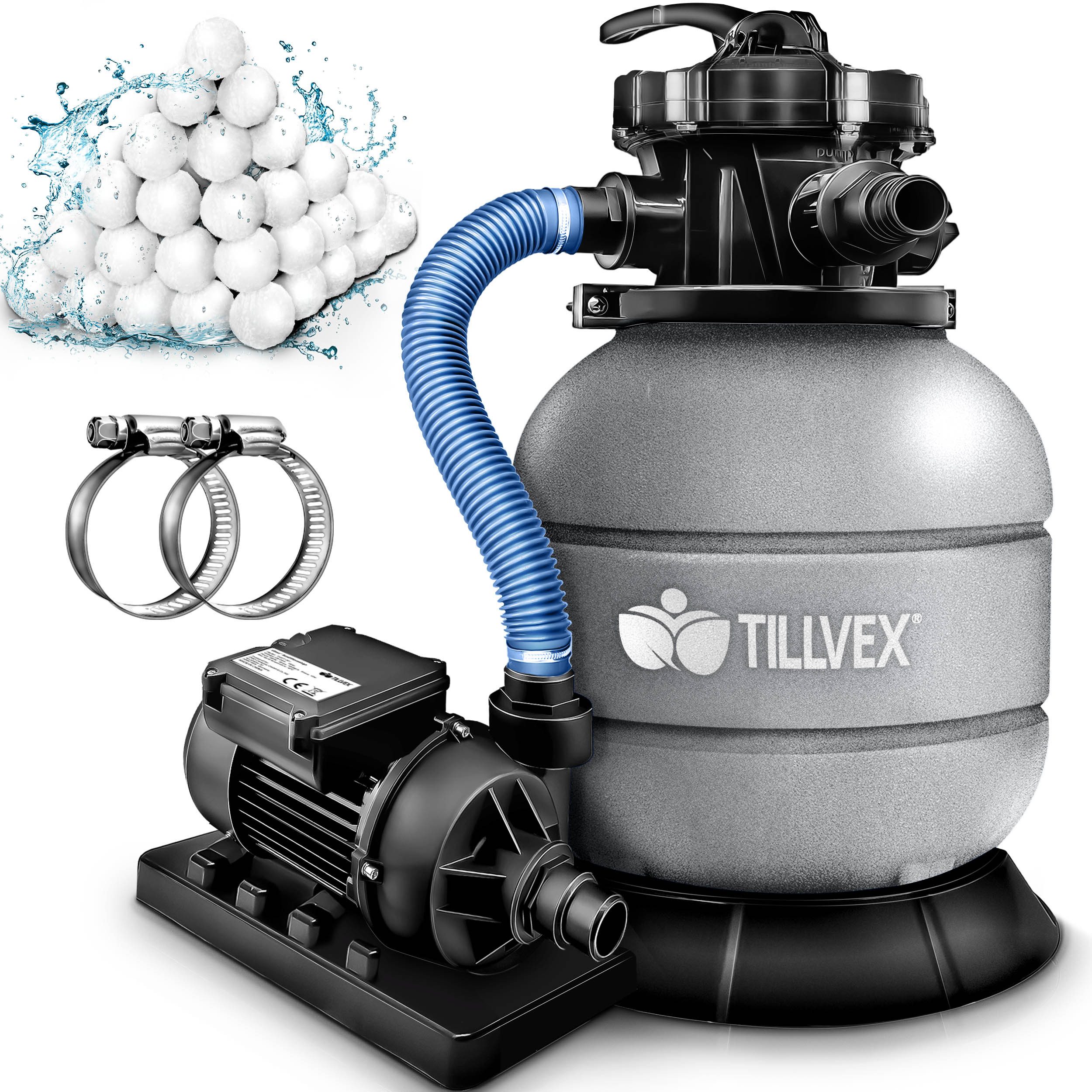 tillvex Sandfilteranlage 7.900L/h mit 400g Filterbällen + Pumpe Filteranlage (Set, 7-Wege Ventil & 2in1 Adapter Ø32mm - 38mm), Poolfilter mit Druckanzeige, Sandfilter für Schwimmbecken