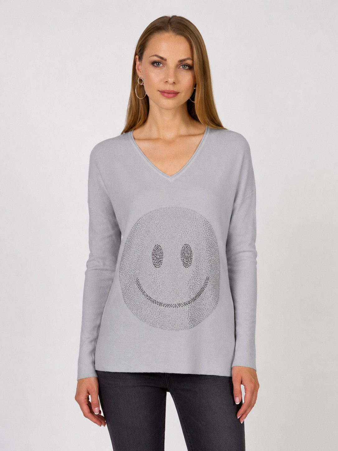 Passioni Strickpullover mit Strass-Smiley