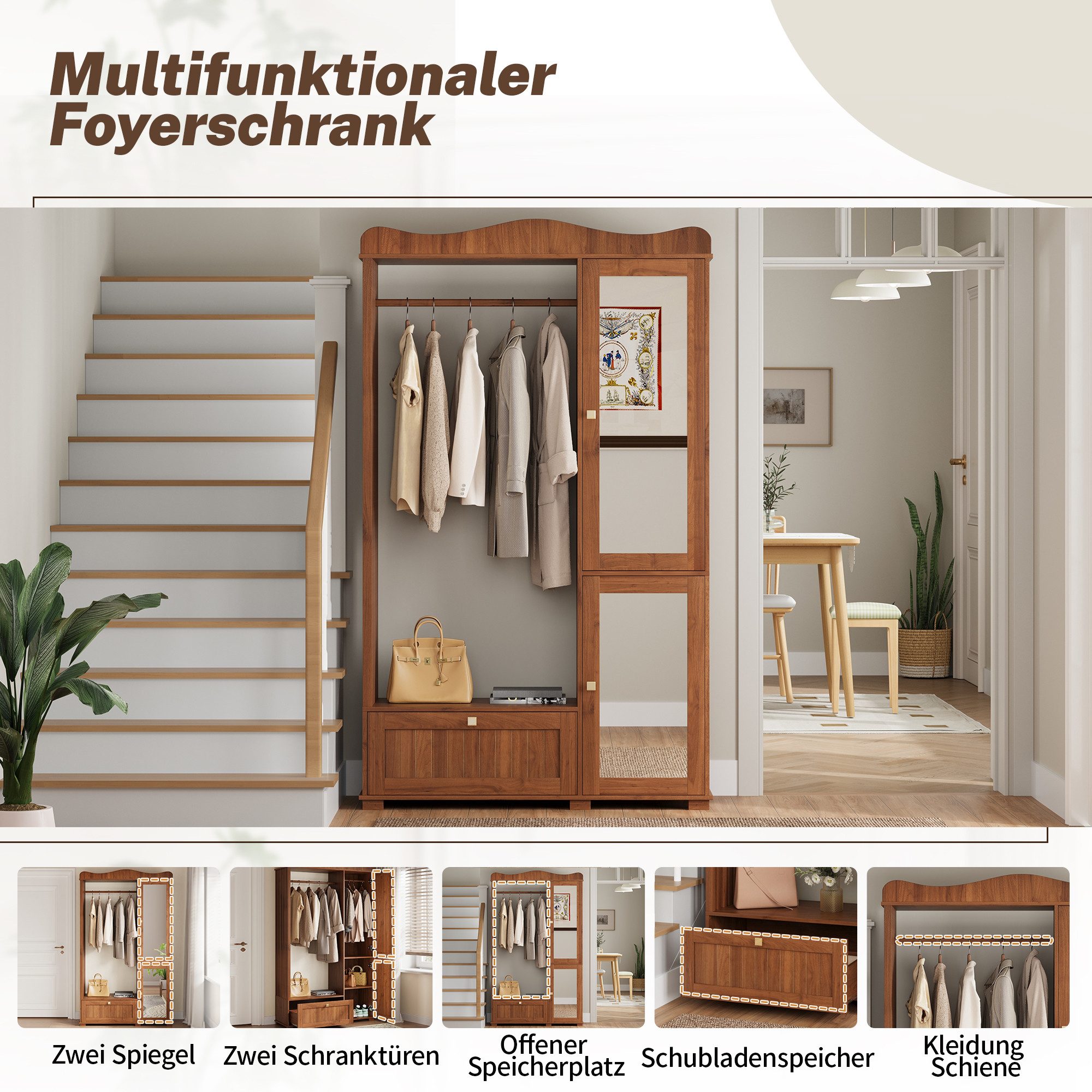 Merax Garderobenschrank mit Spiegel und Offener Kleiderständer, 115,5×38,5×194,5cm (1-St) Kompaktgarderobe mit Schublade & 2 Türen für Schlafzimmer und Flur – Bild 5 von 5