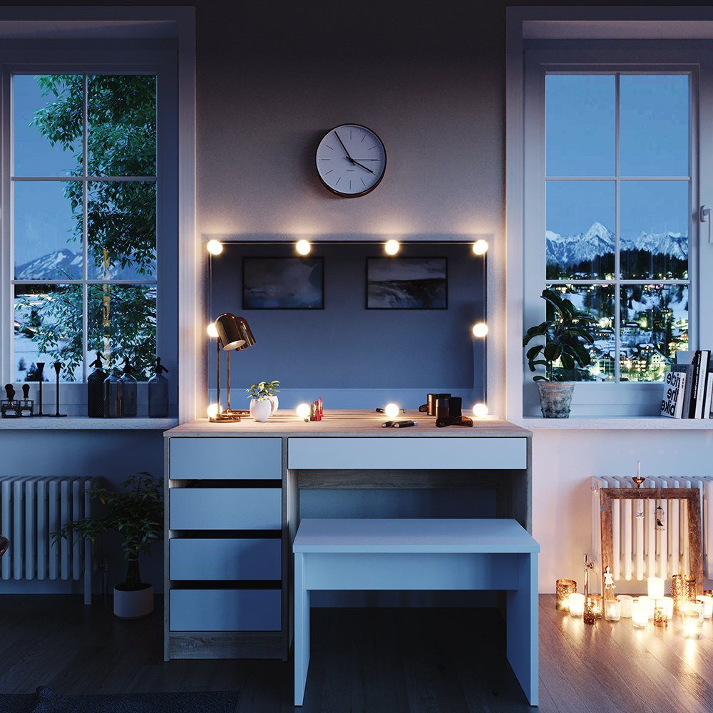 Schminktisch Sherry, Sonoma/Weiß, 120 cm mit LED Beleuchtung und Bank