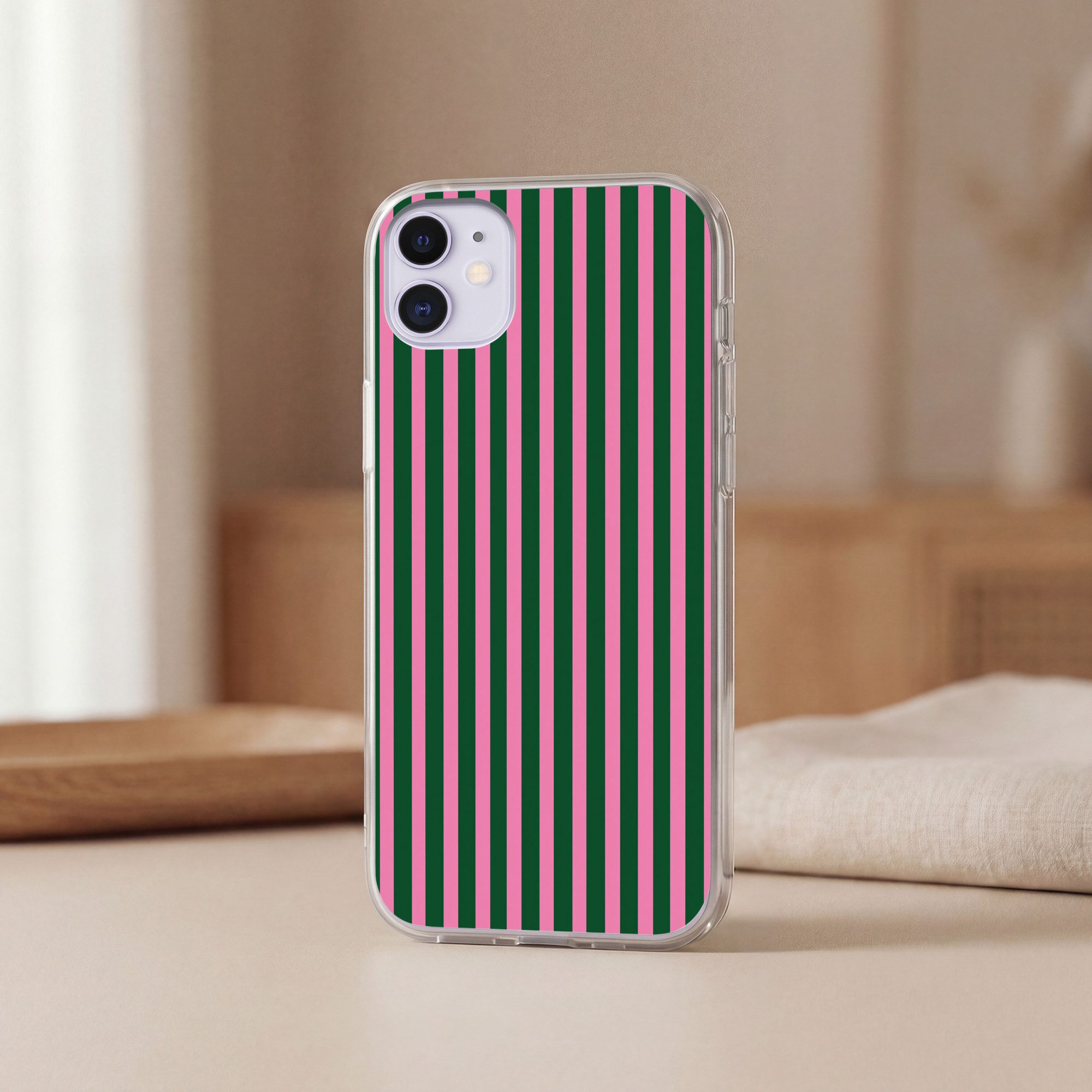 MuchoWow Handyhülle für Apple iPhone 11 Vertikale Streifen - Grün - Rosa, Smartphone-Bumper, Print, Handy Schutzhülle Dünn