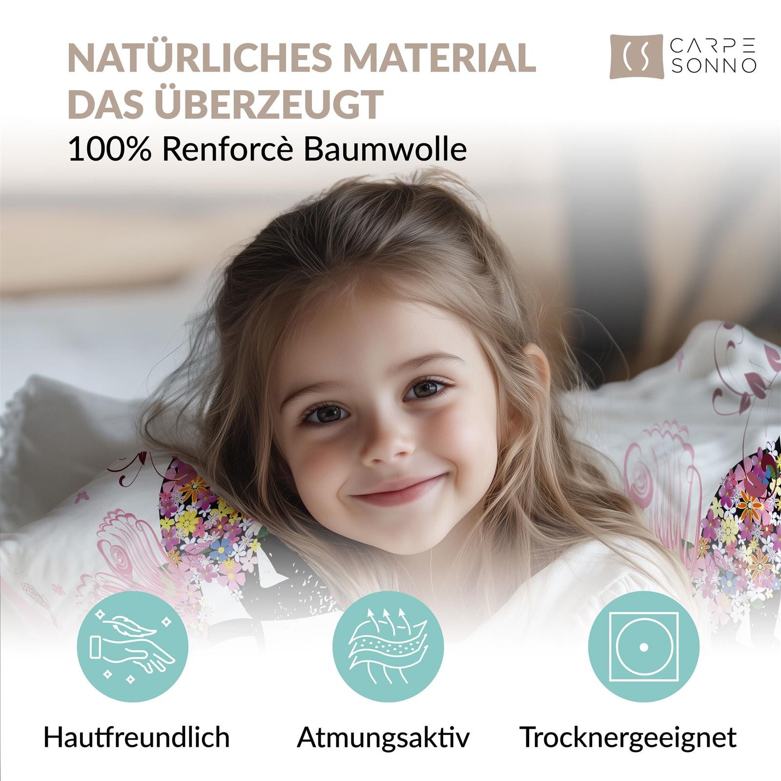 Carpe Sonno Kinderbettwäsche 135 x 200 Mädchen Leuchtende Bettwäsche Kinder Rosa Fee Schmetterlinge, Renforcé, 2 teilig, GLOW IN THE DARK Bettbezug 135x200 - OEKO-TEX, 100% Baumwolle