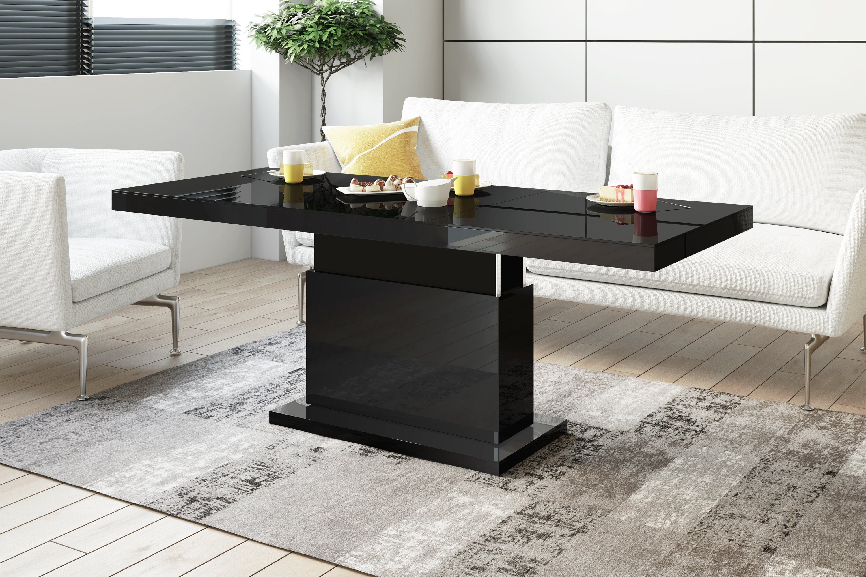 designimpex Couchtisch Matera Lux H-333 Schwarz Hochglanz höhenverstellbar ausziehbar Tisch