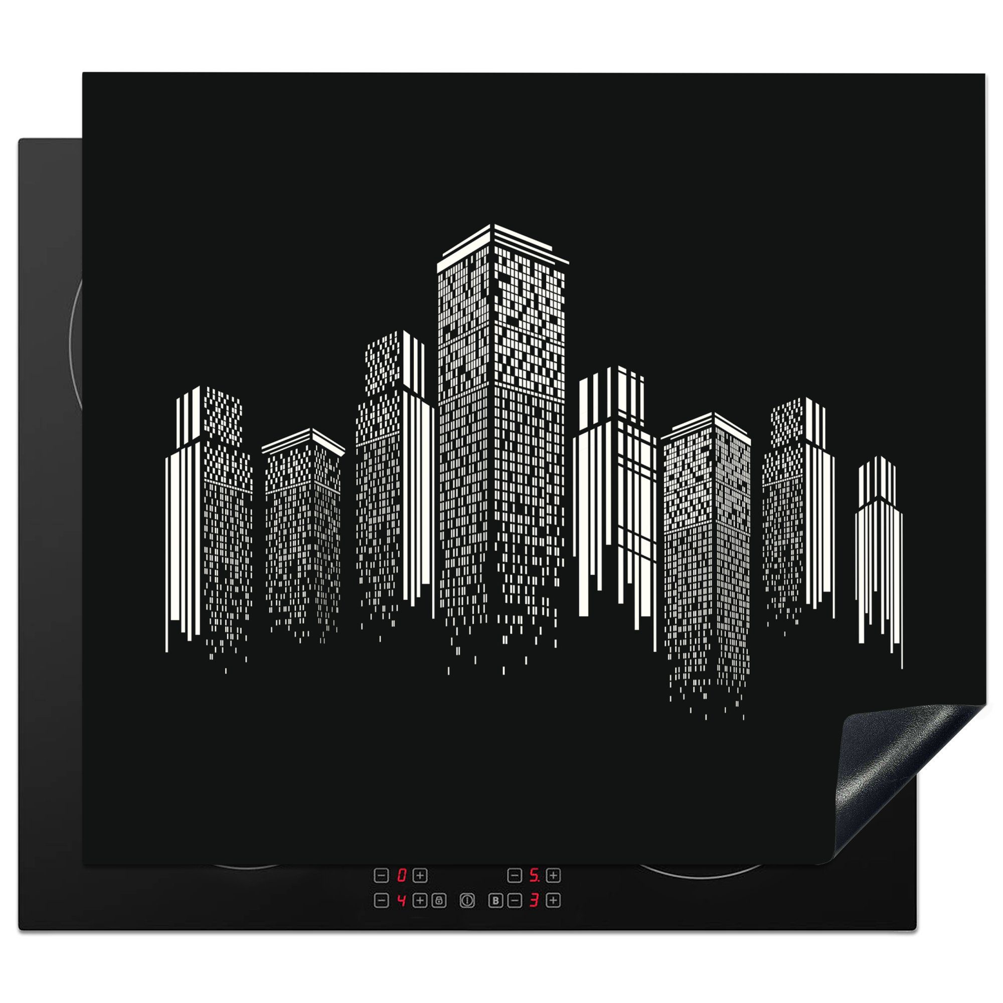 MuchoWow Herdblende-/Abdeckplatte Eine Schwarz-Weiß-Illustration einer Skyline, Vinyl, (1 tlg), 57x51 cm, Induktionsschutz, Induktionskochfeld, Ceranfeldabdeckung