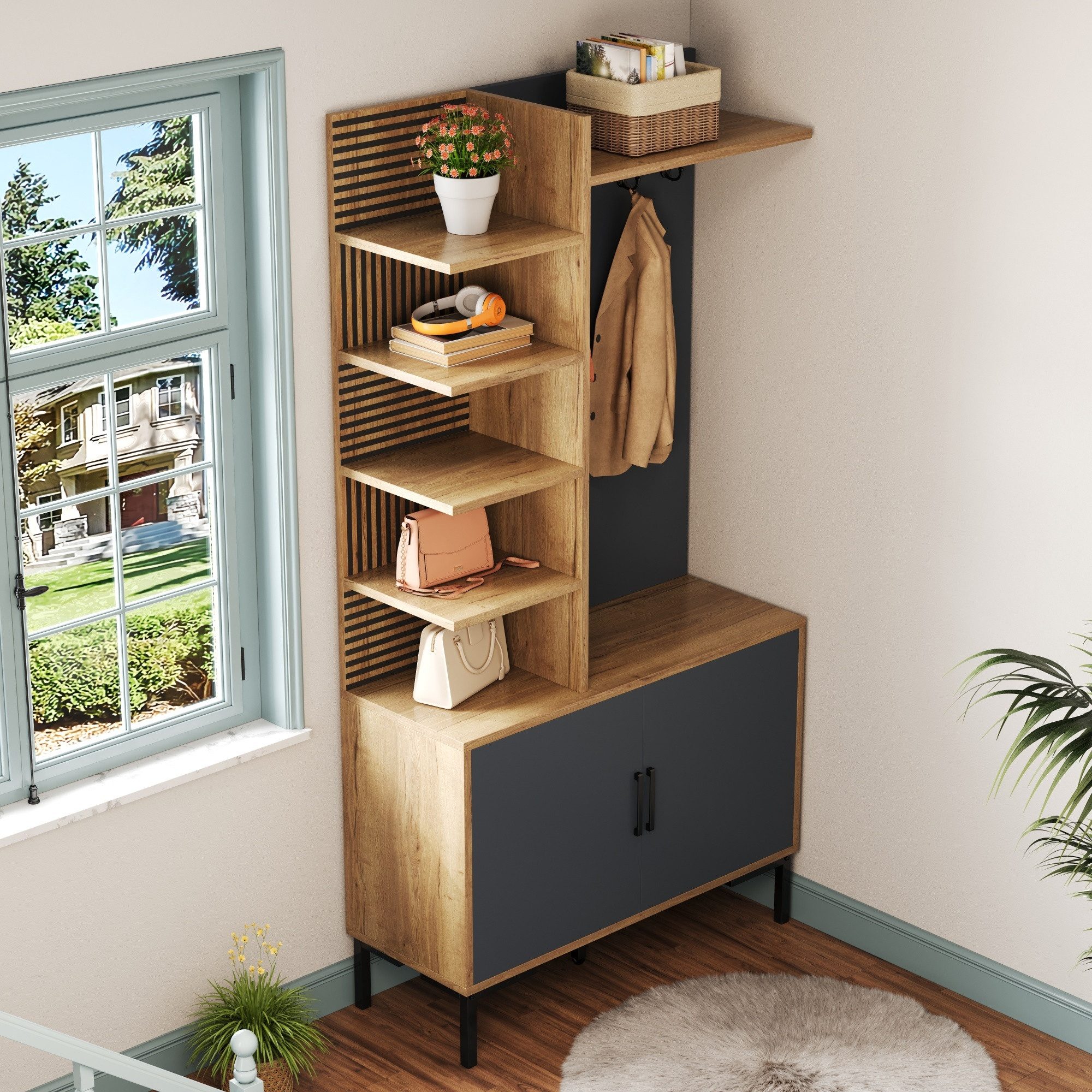 Refined Living Garderoben-Set Kompaktgarderobe mit Schuhschrank und Haken, Flurmöbel, (Moderne Flurgarderobe mit 2 Türen, 4 Ablagen, Spanplatte, höhenverstellbarem Regal und Metallbeinen in Holzoptik, 1-St., Platzsparend mit Schuhaufbewahrung, offenen Regalen und Haken), Garderoben-Set für Flur und Diele, Industrial Style, Zweifarbig