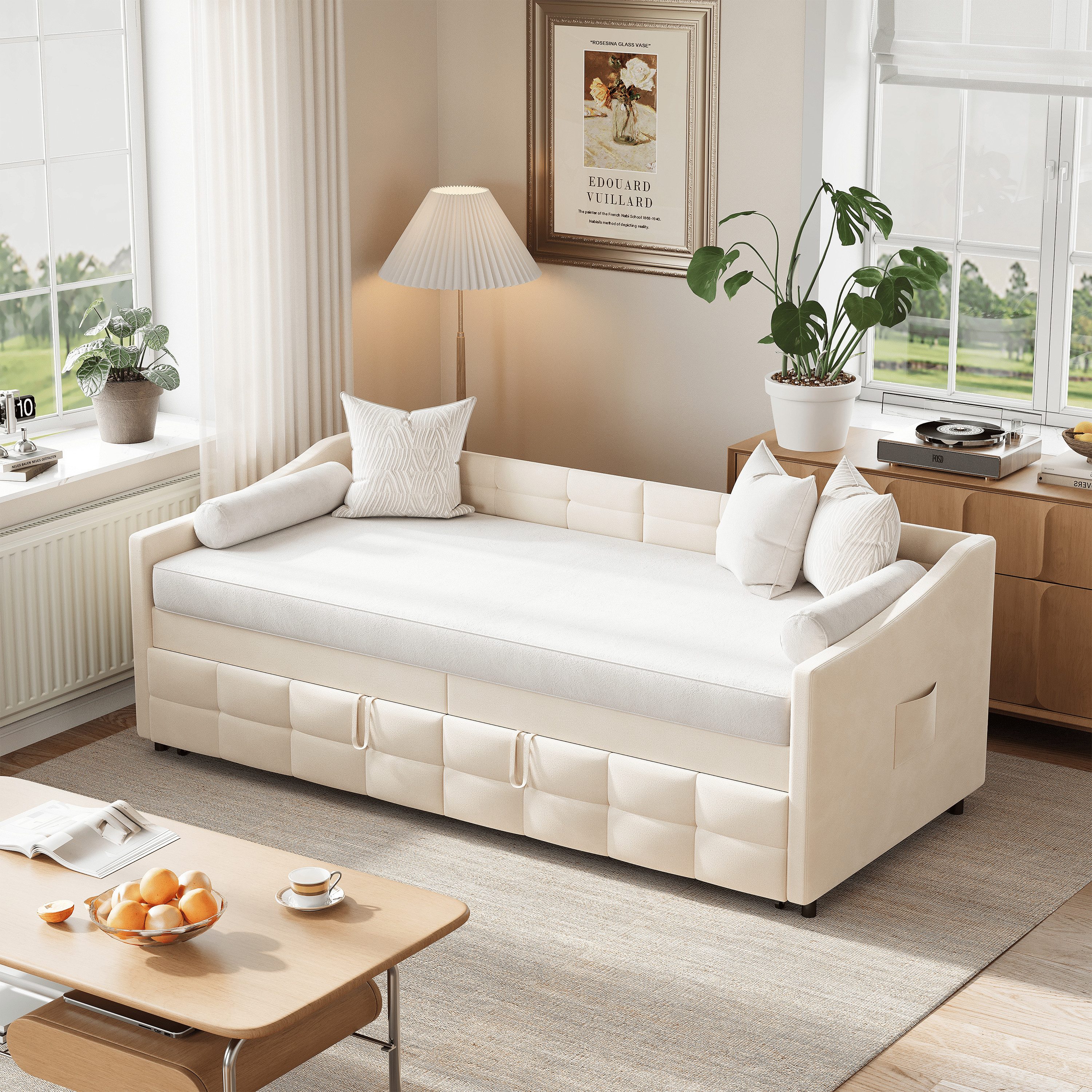 Simurq Einzelbett Gepolstertes Ausziehbett 90x200 cm,Schlafsofa mit Lattenrost,Samtbezug – Bild 2 von 5