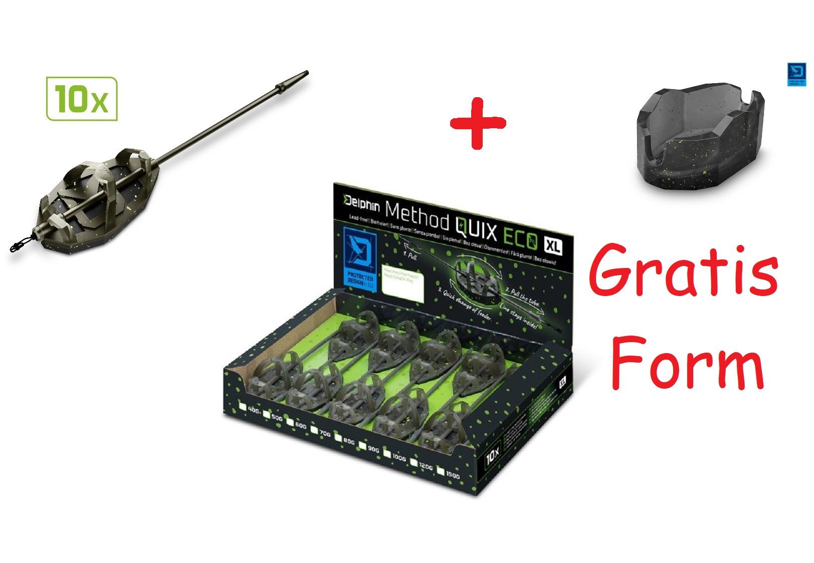 Delphin.sk Feederkorb 10 St. Bleifrei Futterkorb Method Feeder SET QUIX ECO XL + Gratis Form, (Spar-Set, 11-St. 11er SET), Enthält einen Schnellwechselwirbel