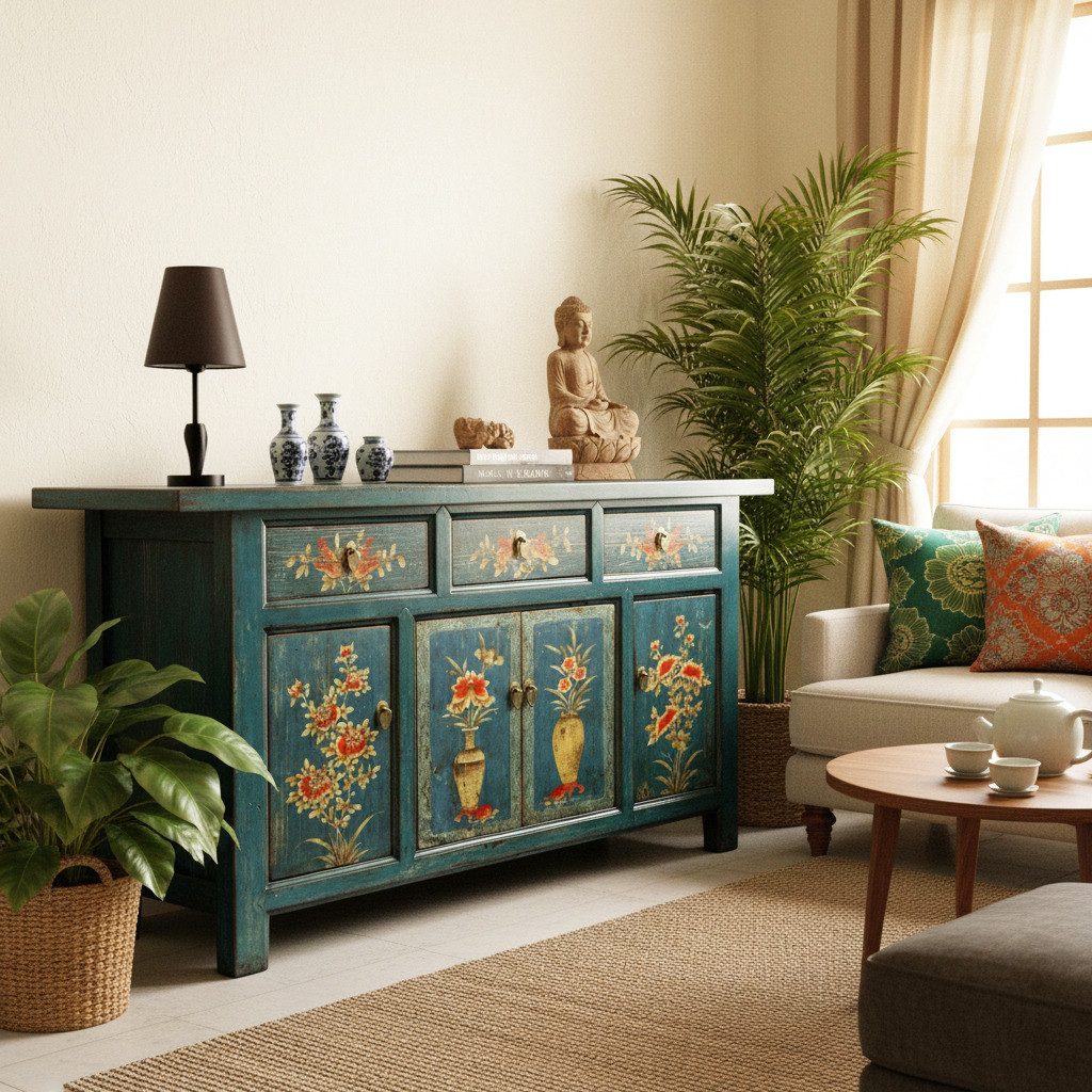 OPIUM OUTLET Kommode Sideboard Schrank Hochzeitsschrank (Asia Wohnzimmer Schlafzimmer, Vintage Möbel Landhaus-Stil aus Holz komplett montiert), chinesisch asiatisch orientalisch fernöstlich